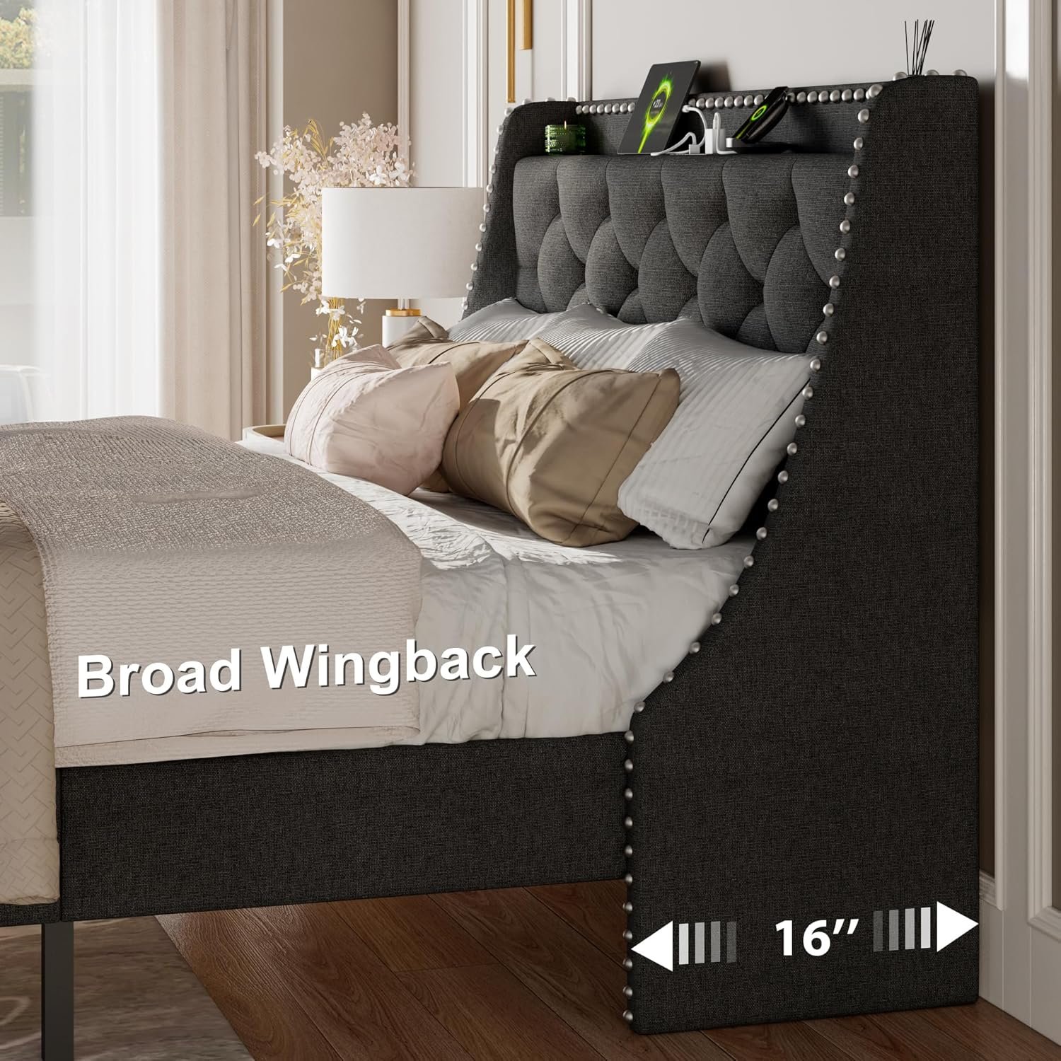 Feonase Full Size Bed Frame with Luxury Wingback and Fast Charging Station,Full Upholstered Button Tufted Storage Headboard Platform Bed,Sturdy Wooden Slats Support,Noise-Free, Easy Assembly,Dark Gray 4 Feonase Full Size Bed Frame with Luxury Wingback and Fast Charging Station,Full Upholstered Button Tufted Storage Headboard Platform Bed,Sturdy Wooden Slats Support,Noise-Free, Easy Assembly,Dark Gray - Image 4