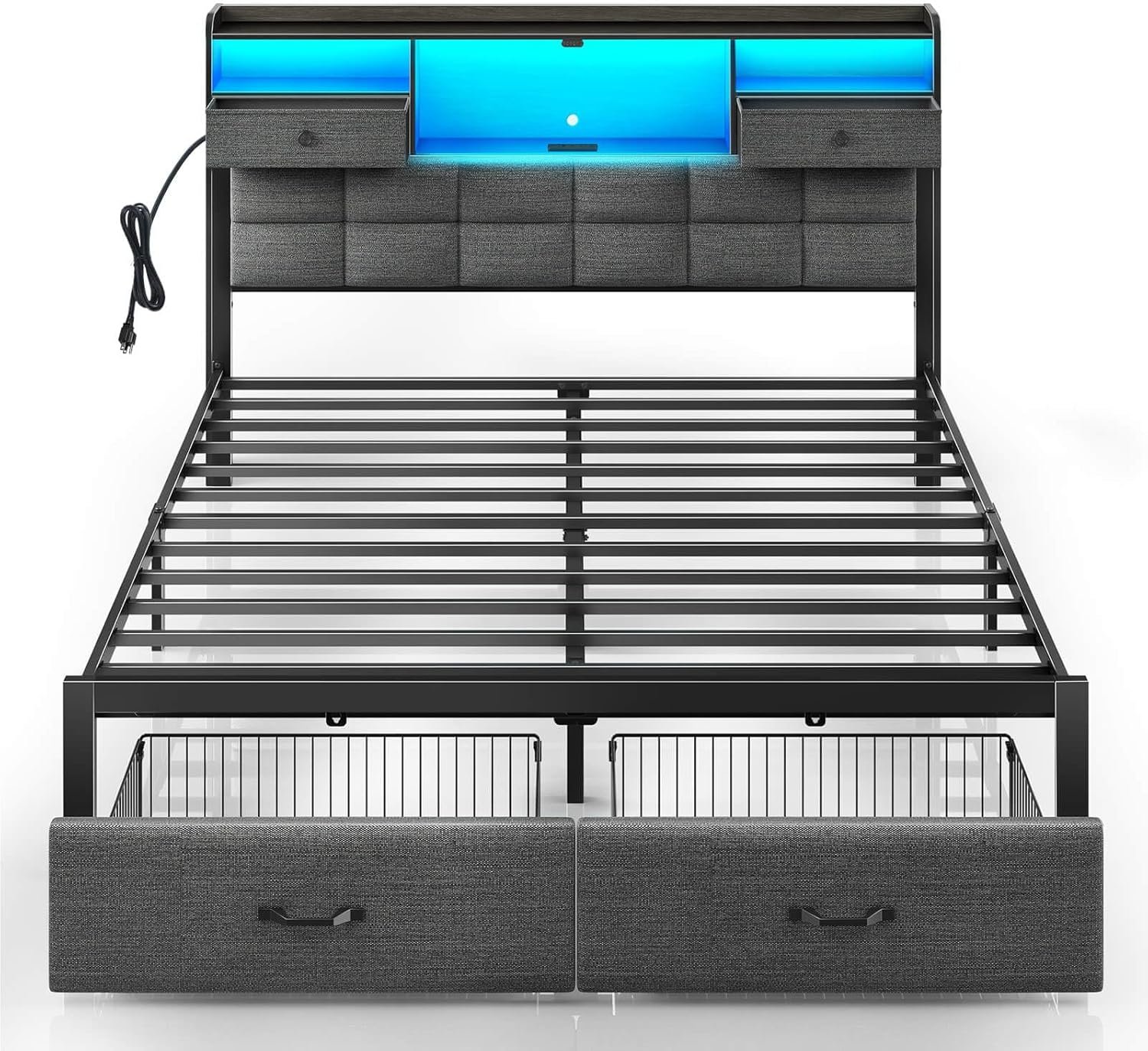 Rolanstar Bed Frame Full Size with Drawers and Charging Station, Upholstered Platform Bed with Storage Headboard and LED Light, Heavy Duty Metal Frame Support, No Box Spring Needed, Noise Free, Grey