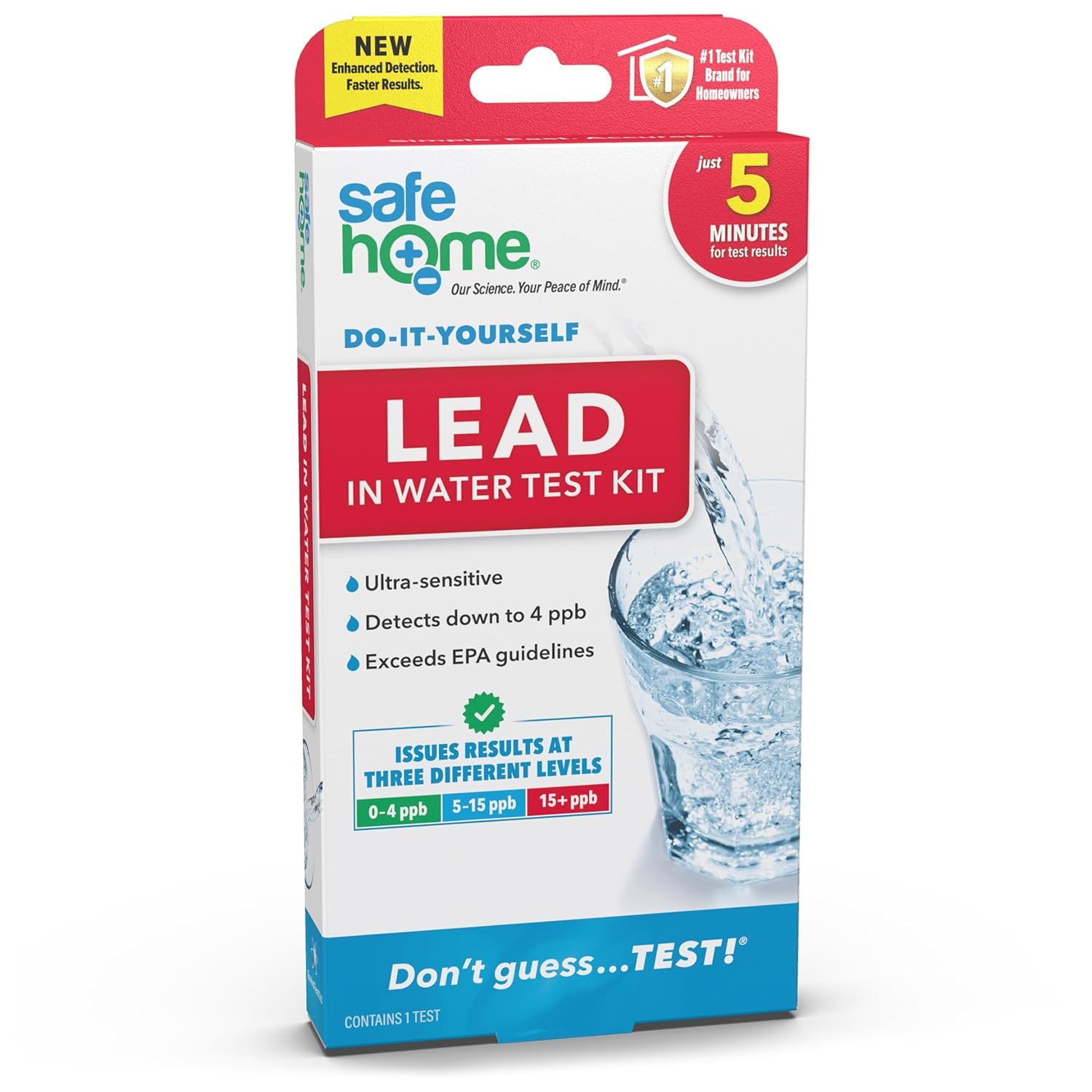 Safe Home® DIY Lead in Drinking Water Test Kit – Advanced Detection to 4 PPB – 5 Minute Test – 3 Levels of Test Results – Certified by Independent Laboratories – (1 Pack)