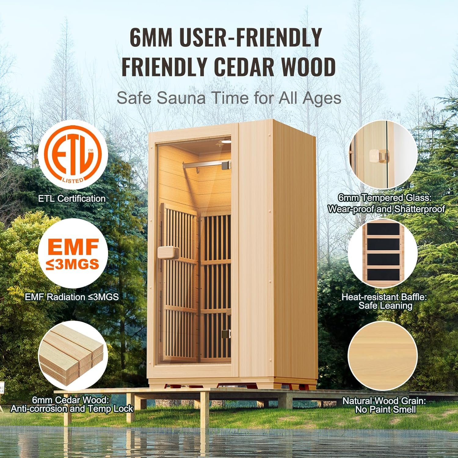 VEVOR Far Infrared Wooden Sauna, Room Home Sauna Spa for One Person, 1140W Low EMF Far Infrared Hemlock Wood Sauna with Tempered Glass Door & LED Reading Lamp & Bluetooth Speakers, 35 * 29 * 64 Inch 4 VEVOR Far Infrared Wooden Sauna, Room Home Sauna Spa for One Person, 1140W Low EMF Far Infrared Hemlock Wood Sauna with Tempered Glass Door & LED Reading Lamp & Bluetooth Speakers, 35 * 29 * 64 Inch - Image 4