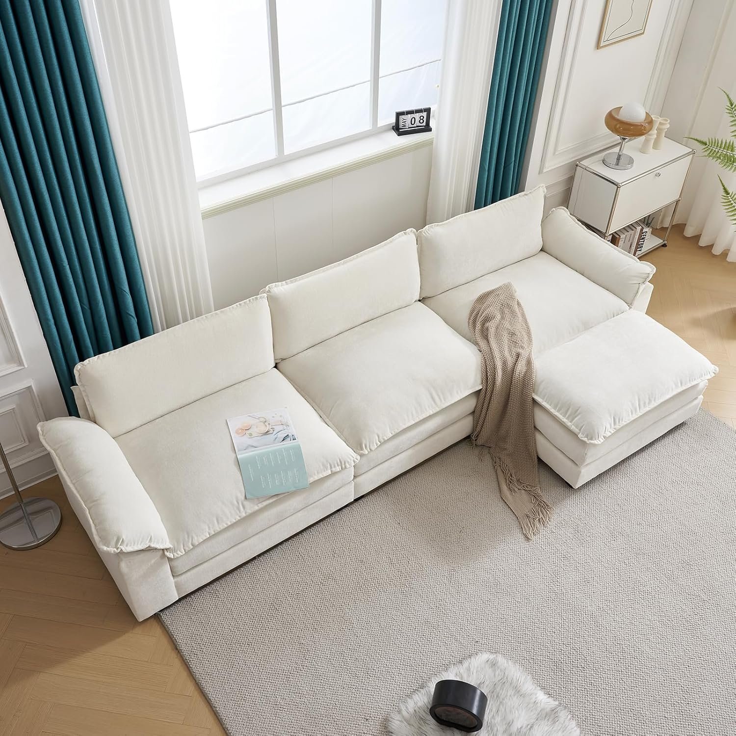 Karl home Sectional Sofa Modular Deep Seat Sofa Couch with Ottoman, Chenille Sofa Sleeper Comfy Upholstered Furniture for Living Room, Apartment, Studio, Office, (3-Seat & 1-Ottoman, Beige) 5 Karl home Sectional Sofa Modular Deep Seat Sofa Couch with Ottoman, Chenille Sofa Sleeper Comfy Upholstered Furniture for Living Room, Apartment, Studio, Office, (3-Seat & 1-Ottoman, Beige) - Image 5