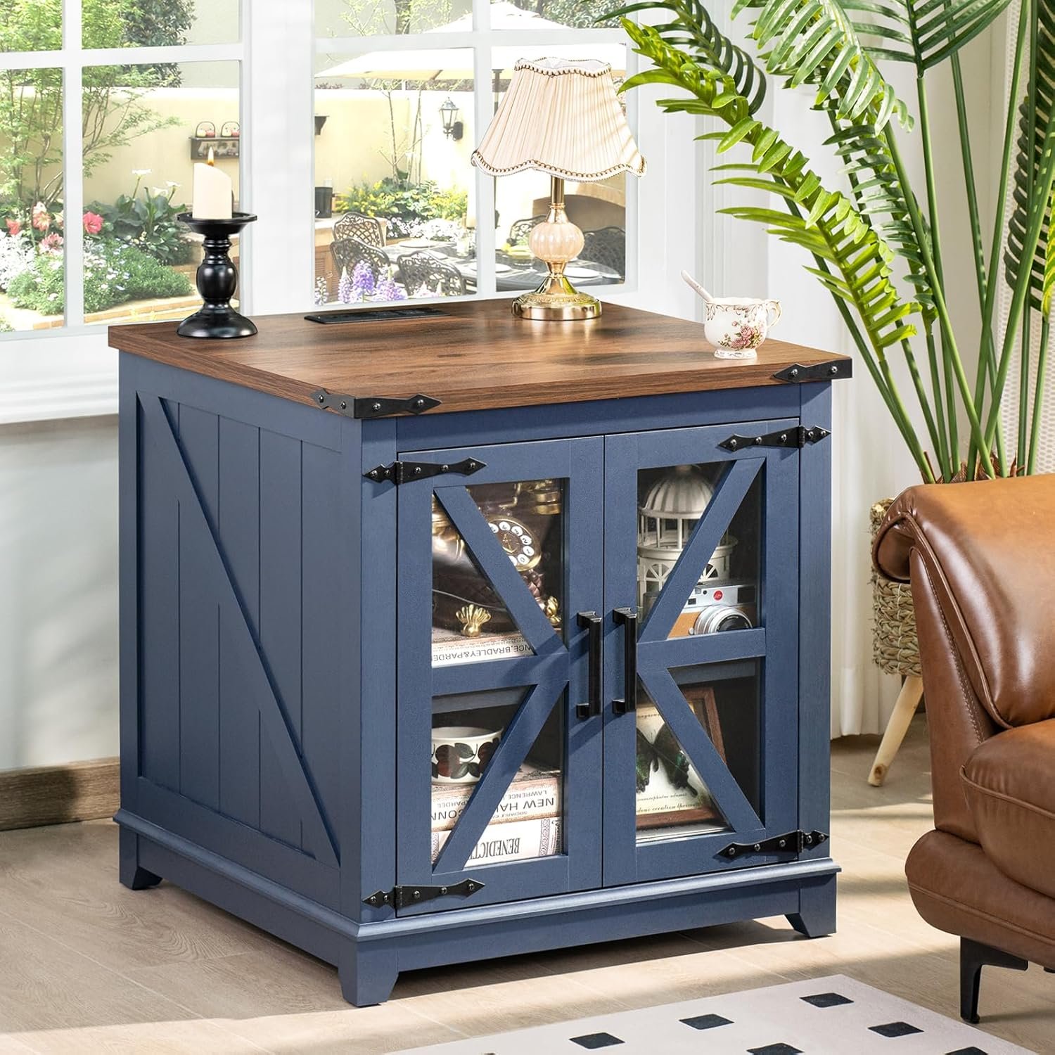 Farmhouse End Table with Charging Station Set 2, 24" Large Sofa Side Table with Glass Barn Door, Blue Nightstand with Adjustable Storage Shelf,Wood Square Bedside Table for Living Room,Bedroom 2 Farmhouse End Table with Charging Station Set 2, 24" Large Sofa Side Table with Glass Barn Door, Blue Nightstand with Adjustable Storage Shelf,Wood Square Bedside Table for Living Room,Bedroom - Image 2