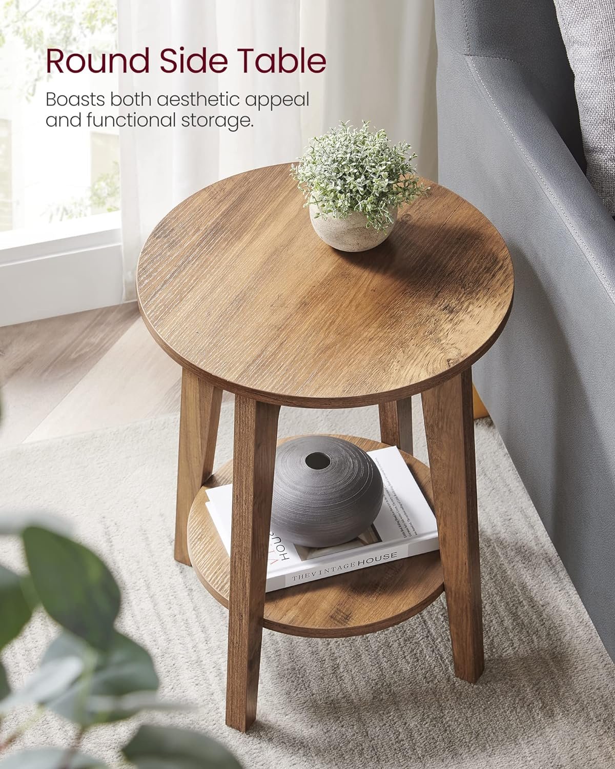 VASAGLE Side Table, Small Round End Table with Lower Shelf, Nightstand for Small Spaces, Living Room, Bedroom, Rustic Walnut ULET283T41 4 VASAGLE Side Table, Small Round End Table with Lower Shelf, Nightstand for Small Spaces, Living Room, Bedroom, Rustic Walnut ULET283T41 - Image 4