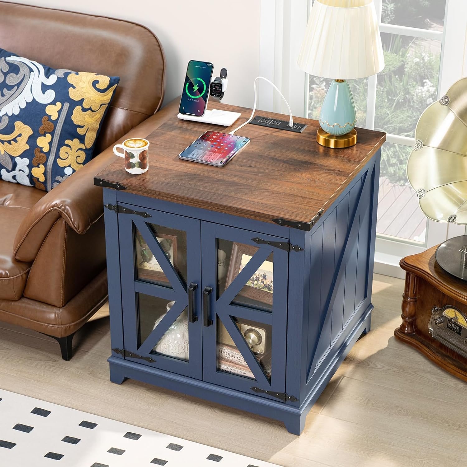 Farmhouse End Table with Charging Station Set 2, 24" Large Sofa Side Table with Glass Barn Door, Blue Nightstand with Adjustable Storage Shelf,Wood Square Bedside Table for Living Room,Bedroom 6 Farmhouse End Table with Charging Station Set 2, 24" Large Sofa Side Table with Glass Barn Door, Blue Nightstand with Adjustable Storage Shelf,Wood Square Bedside Table for Living Room,Bedroom - Image 6