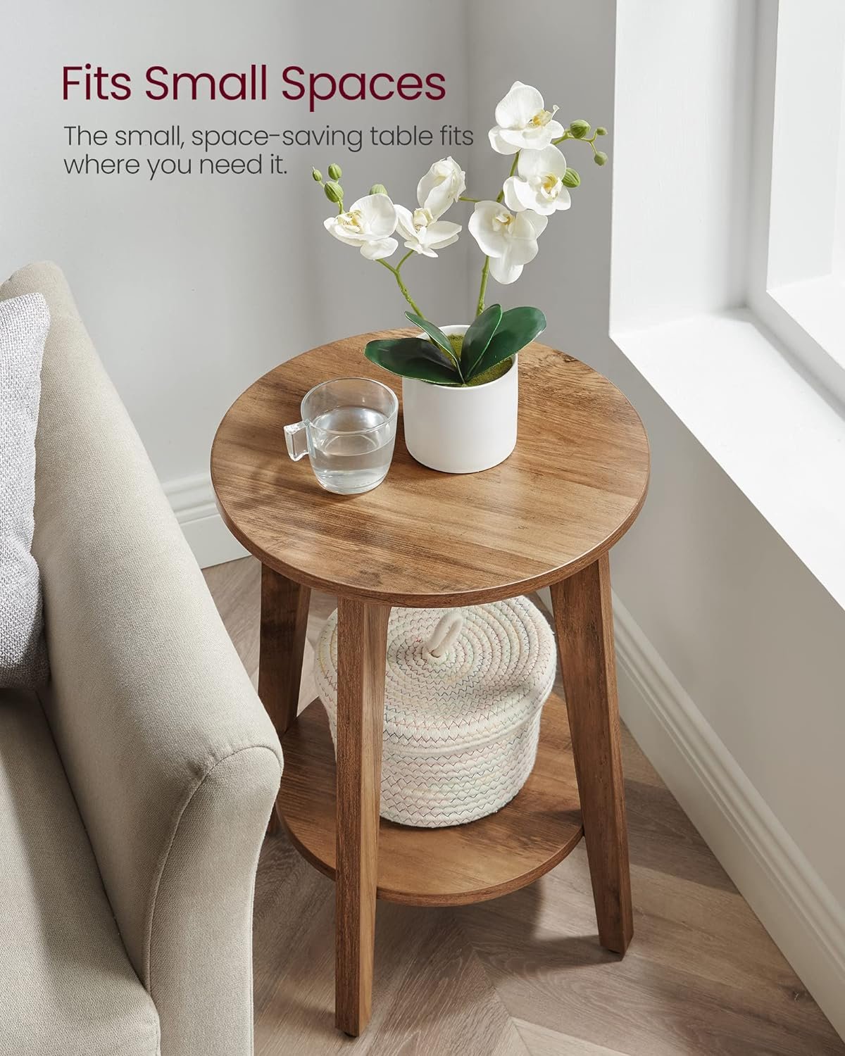 VASAGLE Side Table, Small Round End Table with Lower Shelf, Nightstand for Small Spaces, Living Room, Bedroom, Rustic Walnut ULET283T41 7 VASAGLE Side Table, Small Round End Table with Lower Shelf, Nightstand for Small Spaces, Living Room, Bedroom, Rustic Walnut ULET283T41 - Image 7