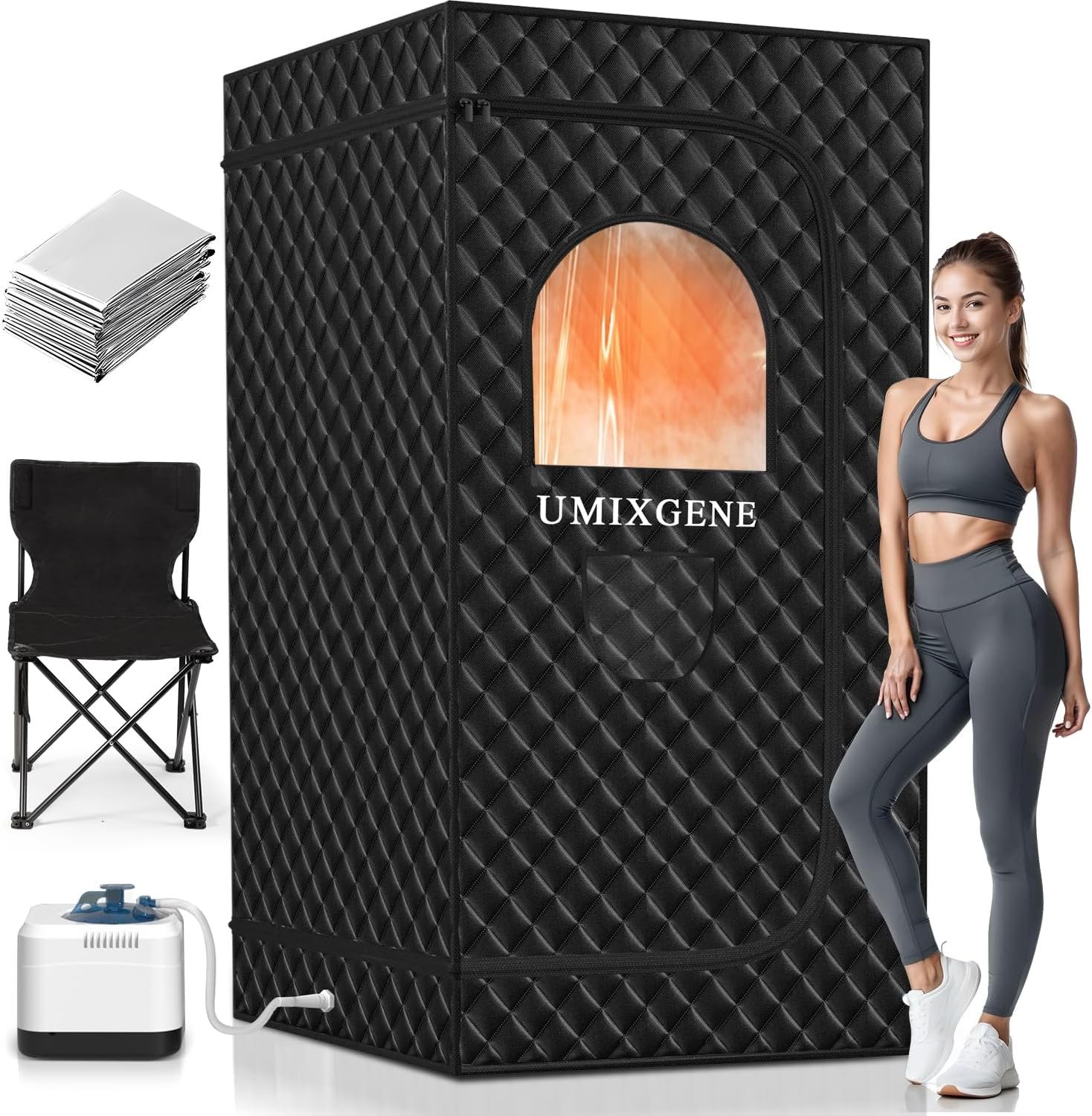 Sauna Box,Portable Sauna for Home use with Ten Aluminium foil Heating Blankets，Personal Steam Sauna with 3L Steamer, 9 Levels, Folding Chair，Extra Large Size (36 * 36 * 71inch)