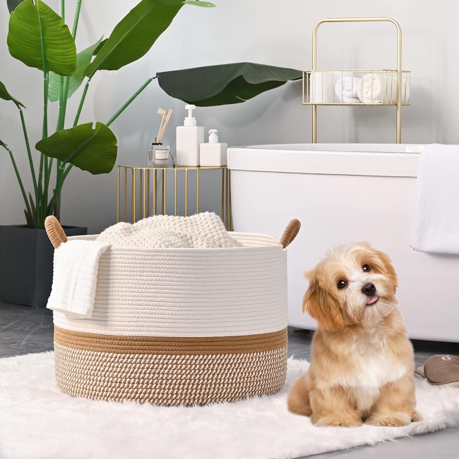 KAKAMAY Large Blanket Basket (20"x13"),Woven Baskets for storage Baby Laundry Hamper, Cotton Rope Blanket Basket for Living Room, Laundry, Nursery, Pillows, Baby Toy chest (White/Brown) 3 KAKAMAY Large Blanket Basket (20"x13"),Woven Baskets for storage Baby Laundry Hamper, Cotton Rope Blanket Basket for Living Room, Laundry, Nursery, Pillows, Baby Toy chest (White/Brown) - Image 3