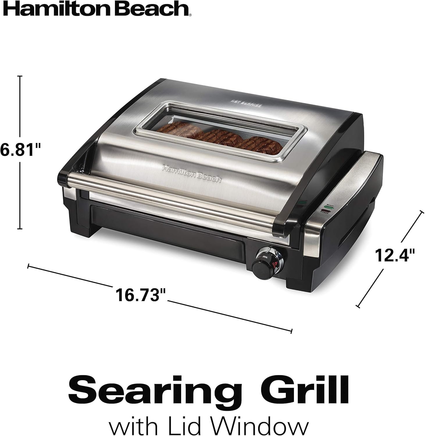 Hamilton Beach Electric Indoor Searing Grill with Viewing Window & Adjustable Temperature Control to 450F, 118 sq. in. Surface Serves 6, Removable Nonstick Grate, Stainless Steel 8 Hamilton Beach Electric Indoor Searing Grill with Viewing Window & Adjustable Temperature Control to 450F, 118 sq. in. Surface Serves 6, Removable Nonstick Grate, Stainless Steel - Image 8