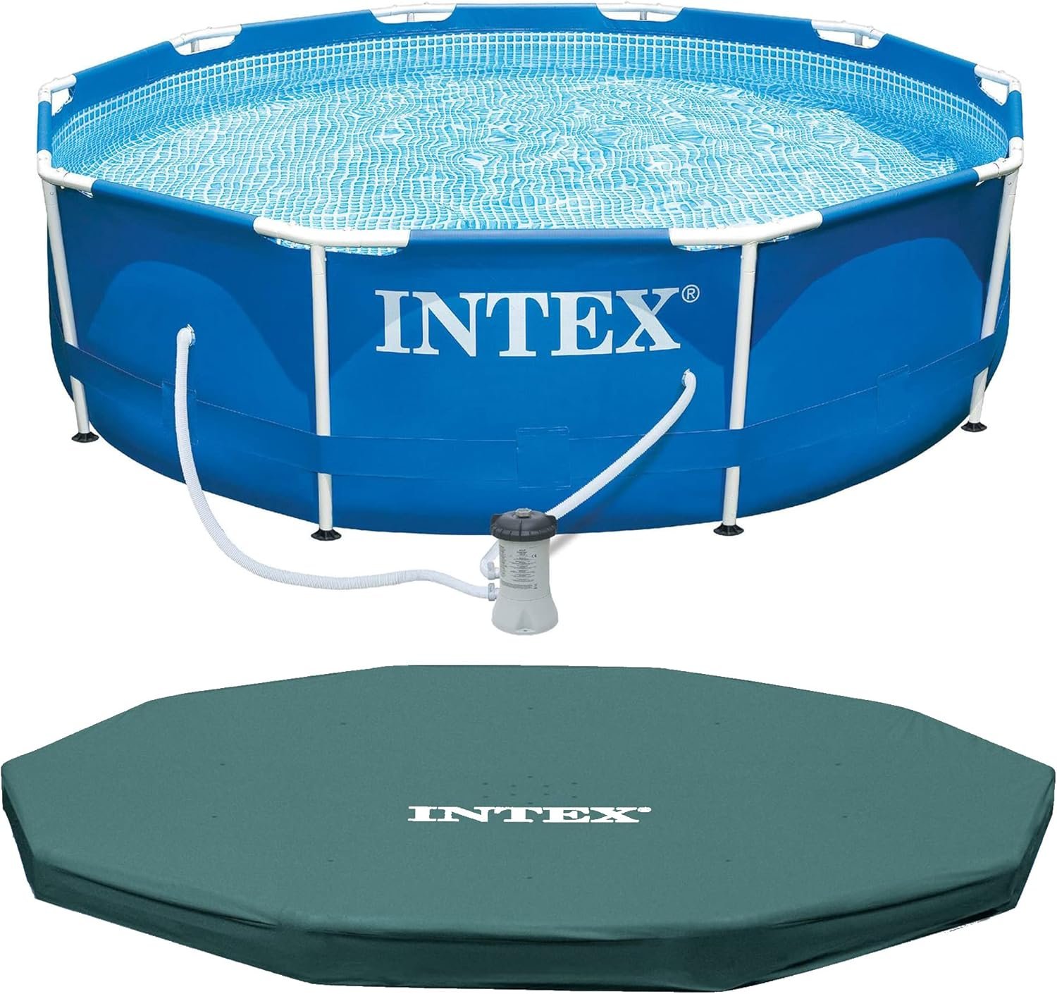Intex Metal Frame 10ft x 30in Round Above Ground Outdoor Swimming Pool Set with 330 GPH Filter Pump, Cartridge, and Protective Round Pool Cover
