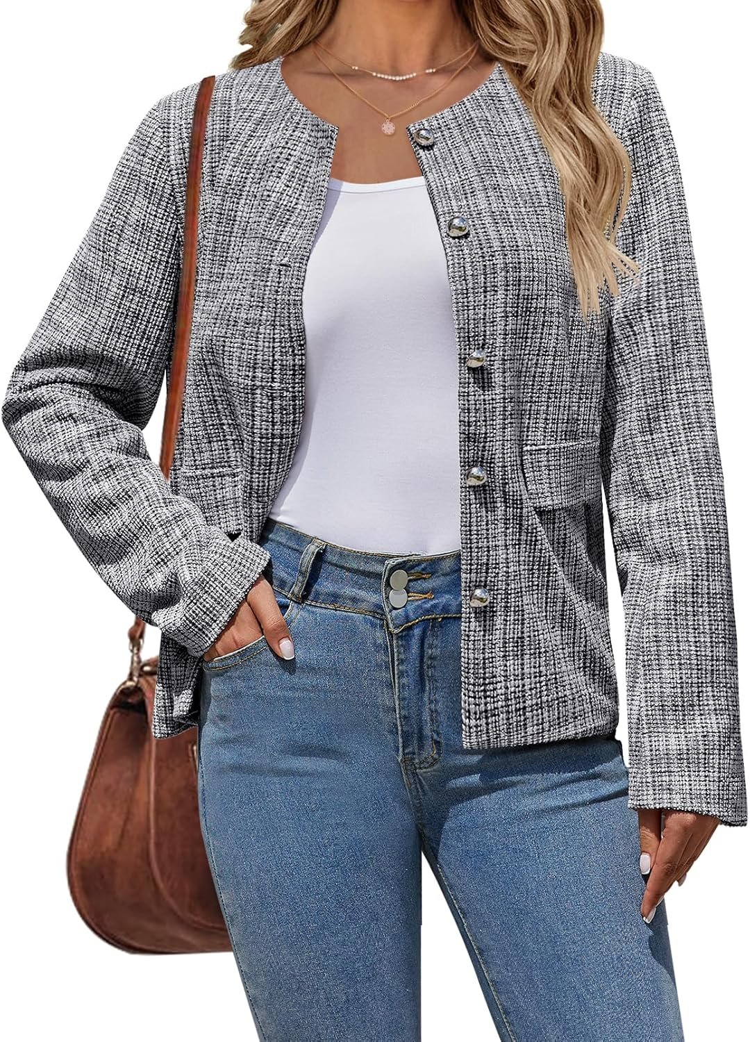 MEROKEETY Women's 2024 Fall Long Sleeve Tweed Blazer Jackets Button Business Casual Work Knit Cardigan