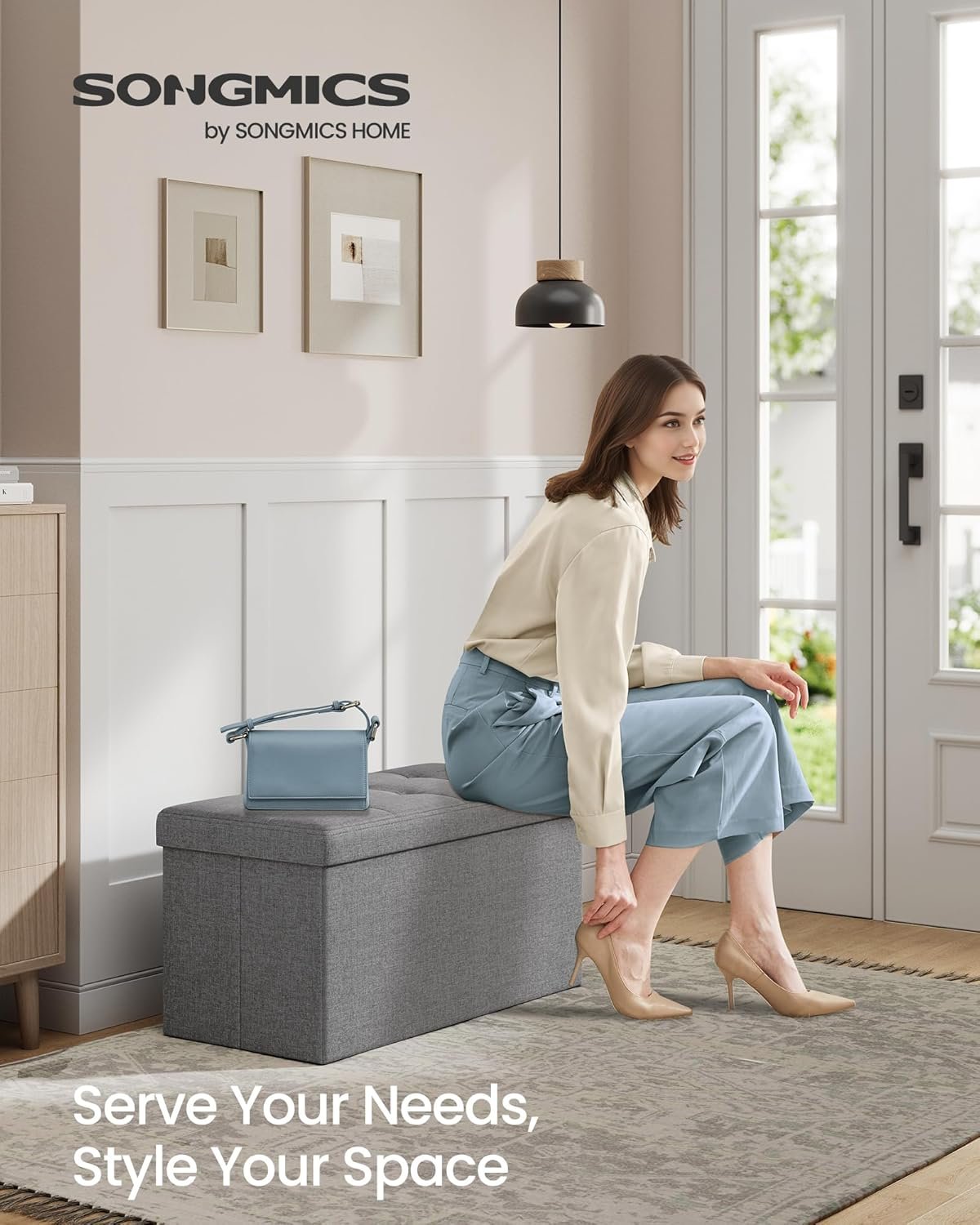 SONGMICS MAZIE Collection - 30 Inches Folding Storage Ottoman Bench, Ottoman Foot Rest, End of Bed Bench, Storage Chest, Load 660 lb, for Living Room, Bedroom, Entryway, Light Gray ULSF47G 3 SONGMICS MAZIE Collection - 30 Inches Folding Storage Ottoman Bench, Ottoman Foot Rest, End of Bed Bench, Storage Chest, Load 660 lb, for Living Room, Bedroom, Entryway, Light Gray ULSF47G - Image 3