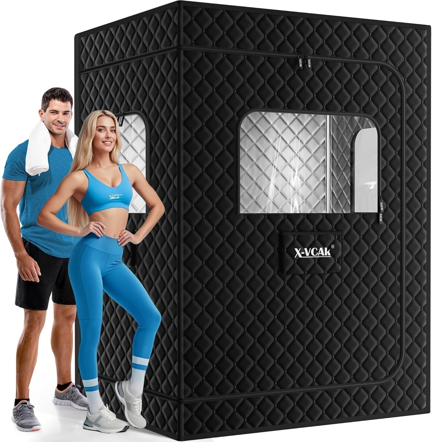 2 Person Portable Steam Sauna, Large Sauna Box, Sauna Tent Sauna Box with 2 Steamers, 2 Folding Chair, 71”x 49”x 36”, Black