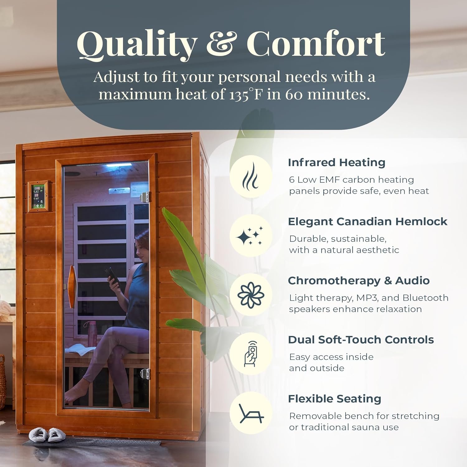 Dynamic Saunas Andora 2-Person Low EMF FAR Infrared Sauna, Canadian Hemlock Wood 5 Dynamic Saunas Andora 2-Person Low EMF FAR Infrared Sauna, Canadian Hemlock Wood - Image 5