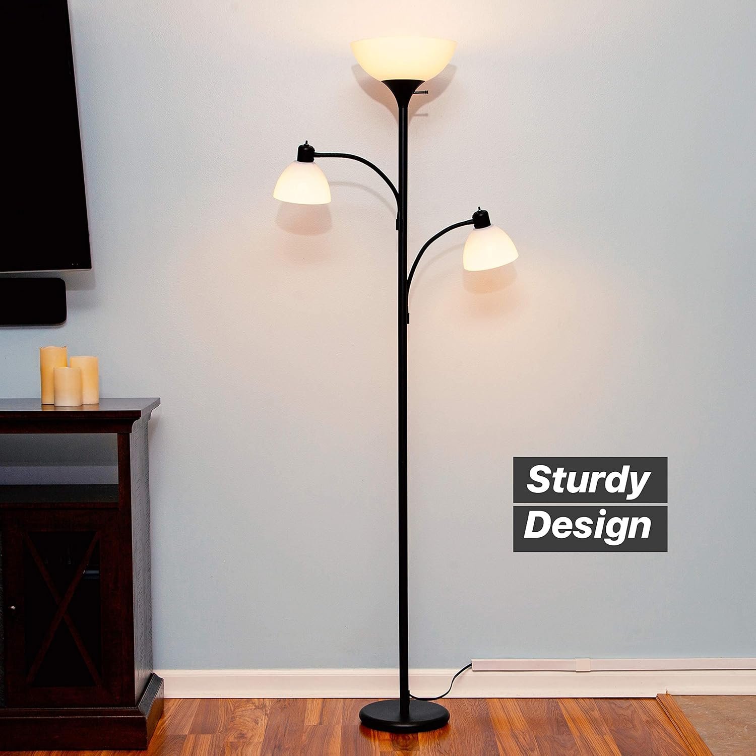 Brightech Sky Dome Double LED Floor lamp, Torchiere Super Bright Floor Lamp with 2 Reading Lamps for Living Rooms & Offices - Dimmable Tall Standing Lamp for Bedroom Reading - Tall Black Pole 3 Brightech Sky Dome Double LED Floor lamp, Torchiere Super Bright Floor Lamp with 2 Reading Lamps for Living Rooms & Offices - Dimmable Tall Standing Lamp for Bedroom Reading - Tall Black Pole - Image 3