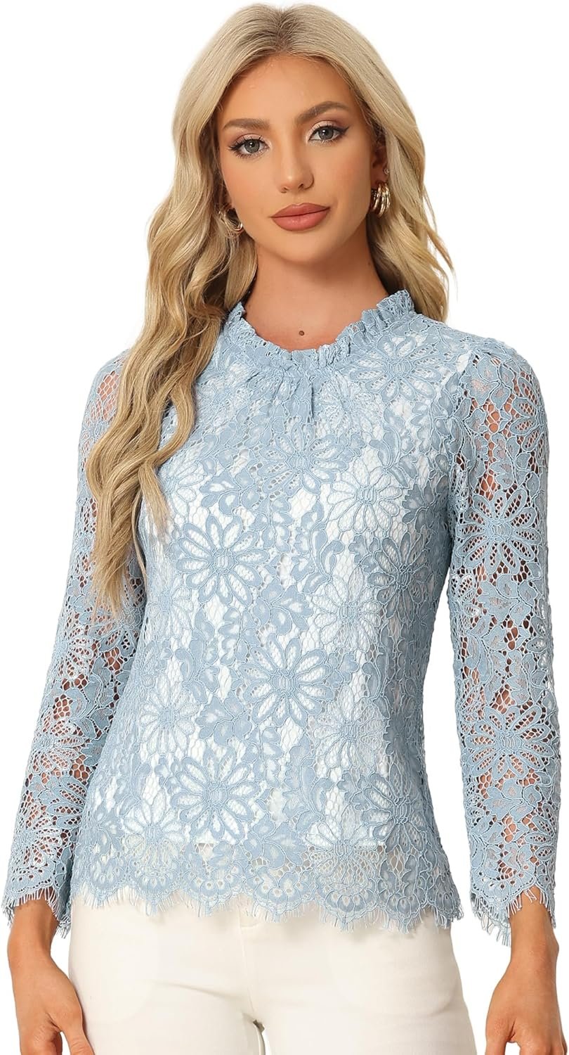 Allegra K Women's Lace Top Long Sleeve Ruffle Neck Floral Blouse