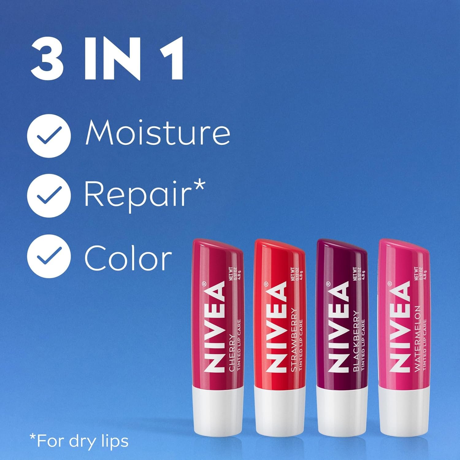 NIVEA Lip Care, Fruity Tinted Lip Balm Variety Pack, Cherry, Strawberry, Blackberry and Watermelon Flavors, 3-in-1 Moisture, Repair and Color, 0.17 Oz Stick, Pack of 4 3 NIVEA Lip Care, Fruity Tinted Lip Balm Variety Pack, Cherry, Strawberry, Blackberry and Watermelon Flavors, 3-in-1 Moisture, Repair and Color, 0.17 Oz Stick, Pack of 4 - Image 3