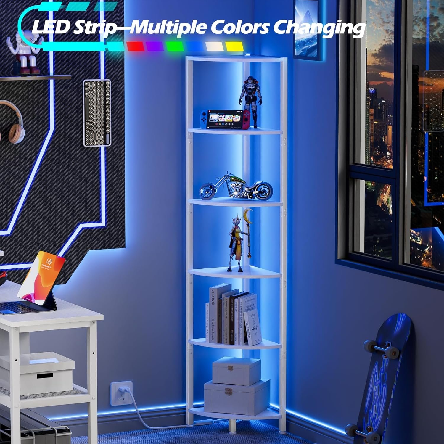 Furnulem 6 Tier Corner Shelf with LED Light, 67.5” Tall Standing Shelf Organizer, White Narrow Bookshelf with Storage Rack for Wall Corner, Living Room, Bedroom, Metal Frame, Wood Display Shelf 5 Furnulem 6 Tier Corner Shelf with LED Light, 67.5” Tall Standing Shelf Organizer, White Narrow Bookshelf with Storage Rack for Wall Corner, Living Room, Bedroom, Metal Frame, Wood Display Shelf - Image 5