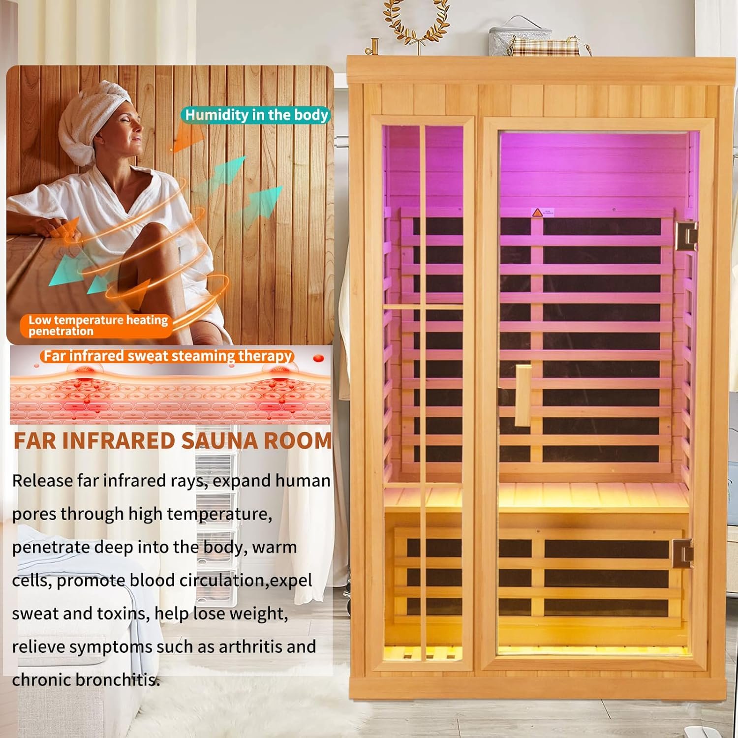 1 to 2 Person Infrared Sauna,Hemlock Wood Low EMF FAR Dry Sauna Indoor Saunas for The Home, with Colored Lights 1350W,Room:75.59 * 35.82 * 40Inch 7 1 to 2 Person Infrared Sauna,Hemlock Wood Low EMF FAR Dry Sauna Indoor Saunas for The Home, with Colored Lights 1350W,Room:75.59 * 35.82 * 40Inch - Image 7