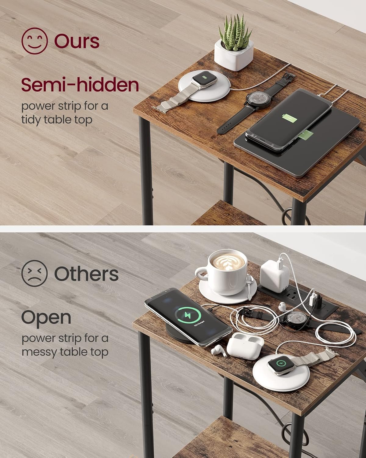 VASAGLE End Table with Charging Station, Set of 2, Small Side Tables for Living Room, Bedroom, Nightstand with Outlets and USB Ports, Bedside Table with Storage Shelf, Rustic Brown and Black 5 VASAGLE End Table with Charging Station, Set of 2, Small Side Tables for Living Room, Bedroom, Nightstand with Outlets and USB Ports, Bedside Table with Storage Shelf, Rustic Brown and Black - Image 5