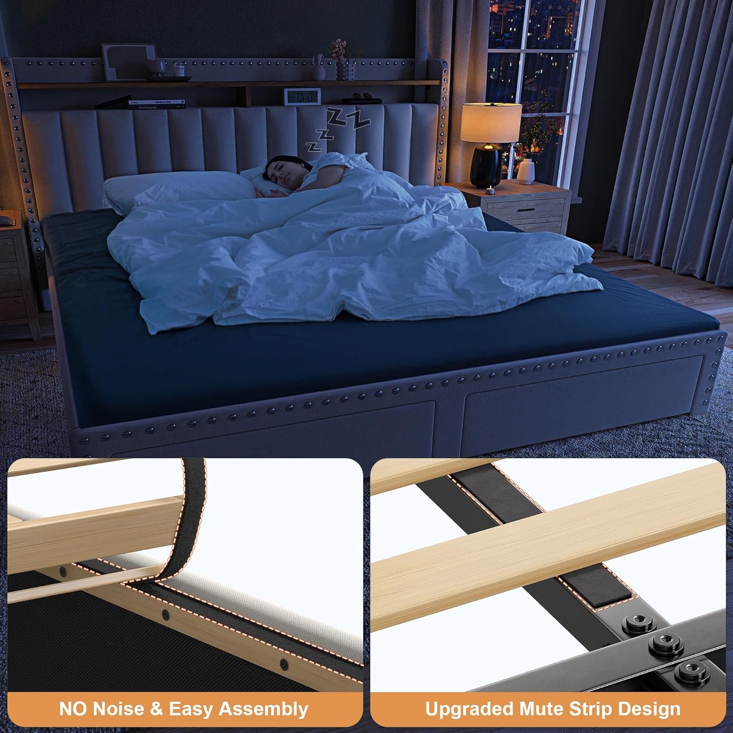 EnHomee King Size Bed Frame with Storage and Headboard, Upholstered King Bed Frame with Storage, King Bed Frame with 2 Drawers, King Size Bed Frame with Storage, NO Noise,No Box Spring Needed 8 EnHomee King Size Bed Frame with Storage and Headboard, Upholstered King Bed Frame with Storage, King Bed Frame with 2 Drawers, King Size Bed Frame with Storage, NO Noise,No Box Spring Needed - Image 8