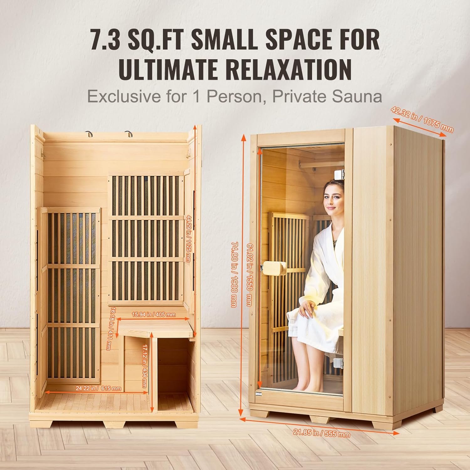VEVOR Far Infrared Wooden Sauna, Room Home Sauna Spa for One Person, 1140W Low EMF Far Infrared Hemlock Wood Sauna with Tempered Glass Door & LED Reading Lamp & Bluetooth Speakers, 35 * 29 * 64 Inch 5 VEVOR Far Infrared Wooden Sauna, Room Home Sauna Spa for One Person, 1140W Low EMF Far Infrared Hemlock Wood Sauna with Tempered Glass Door & LED Reading Lamp & Bluetooth Speakers, 35 * 29 * 64 Inch - Image 5