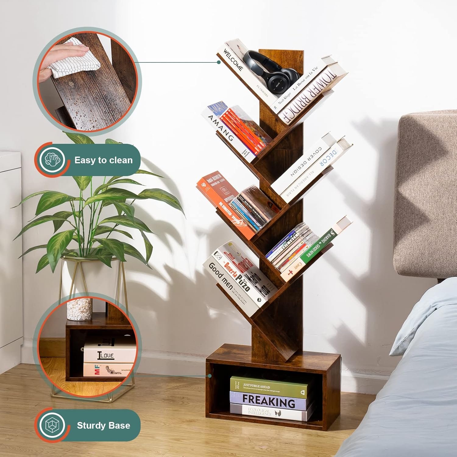 Yoobure Tree Bookshelf - 6 Shelf Retro Floor Standing Bookcase, Tall Wood Book Storage Rack for CDs/Movies/Books, Utility Book Organizer Shelves for Bedroom, Living Room, Home Office 7 Yoobure Tree Bookshelf - 6 Shelf Retro Floor Standing Bookcase, Tall Wood Book Storage Rack for CDs/Movies/Books, Utility Book Organizer Shelves for Bedroom, Living Room, Home Office - Image 7