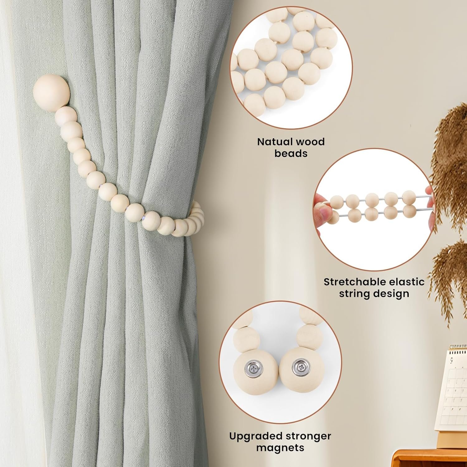 Magnetic Curtain Tiebacks, Curtain Tie Backs for Curtains 2 Pack, Wood Bead Curtain Tiebacks, Curtain Holders for Boho Bedroom Decor, Baby Nursery Decor, Farmhouse Decor 5 Magnetic Curtain Tiebacks, Curtain Tie Backs for Curtains 2 Pack, Wood Bead Curtain Tiebacks, Curtain Holders for Boho Bedroom Decor, Baby Nursery Decor, Farmhouse Decor - Image 5