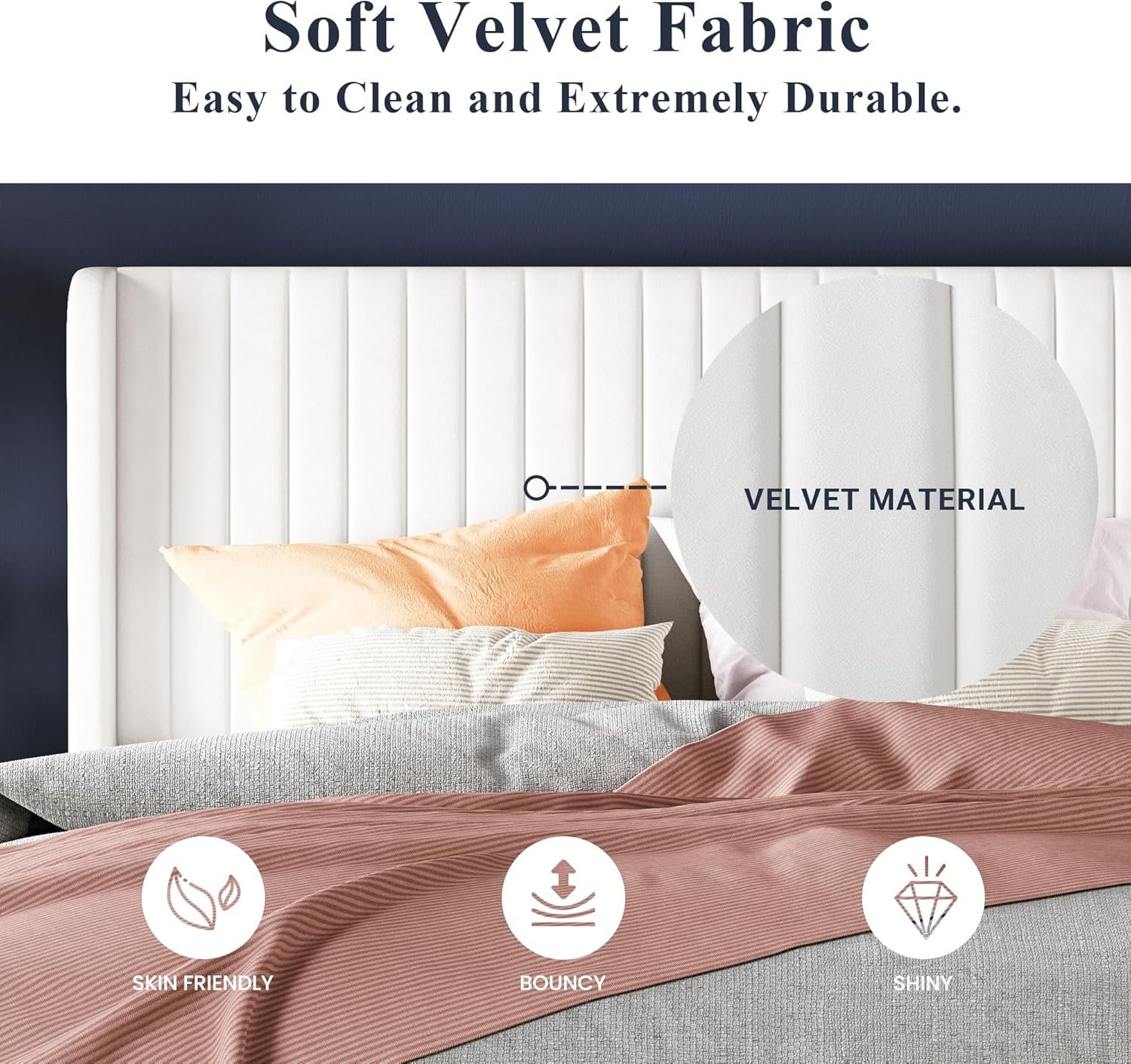 Allewie Full Size Velvet Bed Frame/Vertical Channel Tufted Wingback Headboard/Upholstered Platform Bed/Strong Wooden Slats/No Box Spring Needed/Easy Assembly/White 5 Allewie Full Size Velvet Bed Frame/Vertical Channel Tufted Wingback Headboard/Upholstered Platform Bed/Strong Wooden Slats/No Box Spring Needed/Easy Assembly/White - Image 5