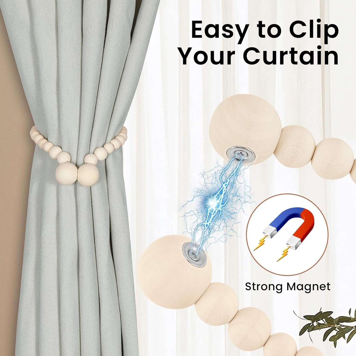 Magnetic Curtain Tiebacks, Curtain Tie Backs for Curtains 2 Pack, Wood Bead Curtain Tiebacks, Curtain Holders for Boho Bedroom Decor, Baby Nursery Decor, Farmhouse Decor 2 Magnetic Curtain Tiebacks, Curtain Tie Backs for Curtains 2 Pack, Wood Bead Curtain Tiebacks, Curtain Holders for Boho Bedroom Decor, Baby Nursery Decor, Farmhouse Decor - Image 2