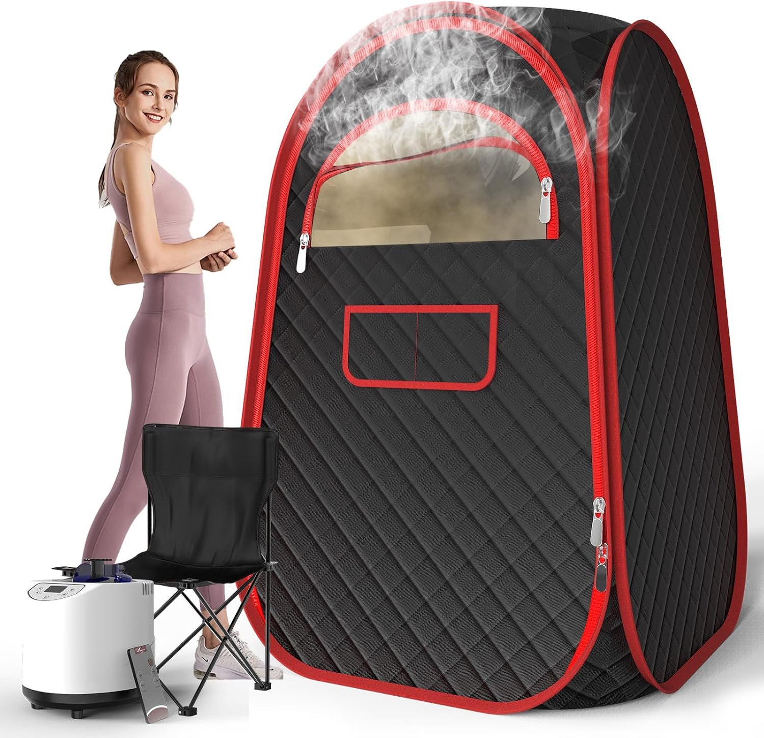 FIOCCO Portable Sauna Box, Portable Infrared Sauna for Home with 2.6L Steamer Generator, Remote Control, Portable Chair & Floor Mat, Full Body Personal Sauna Tent for Health, 9 Levels, Red