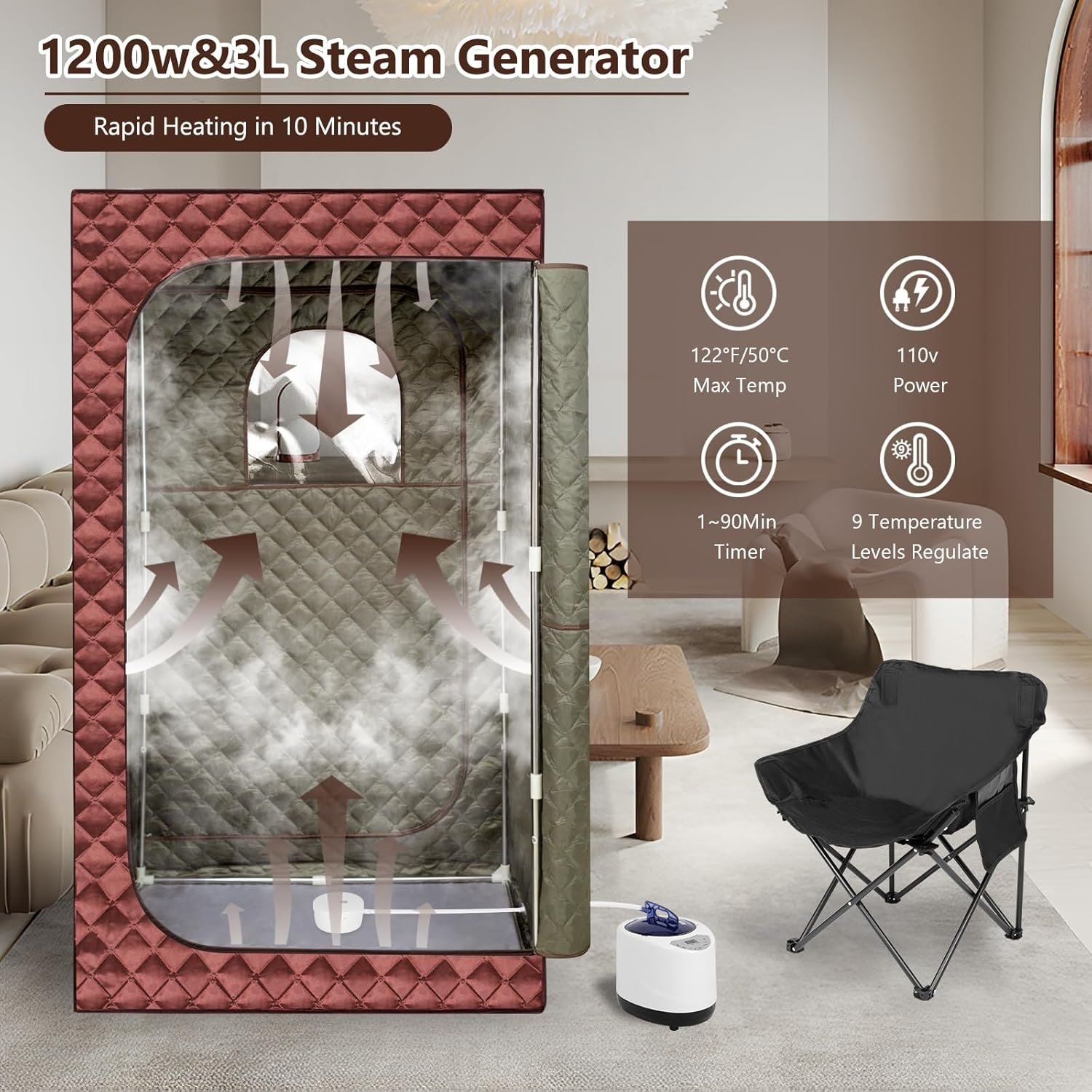 Portable Steam Sauna for Home Spa, Full Size Personal Sauna for Relaxation at Home, Sauna Tent Sauna Box with 3L Steamer, Remote Control, Large Size Folding Chair (Brown) 3 Portable Steam Sauna for Home Spa, Full Size Personal Sauna for Relaxation at Home, Sauna Tent Sauna Box with 3L Steamer, Remote Control, Large Size Folding Chair (Brown) - Image 3