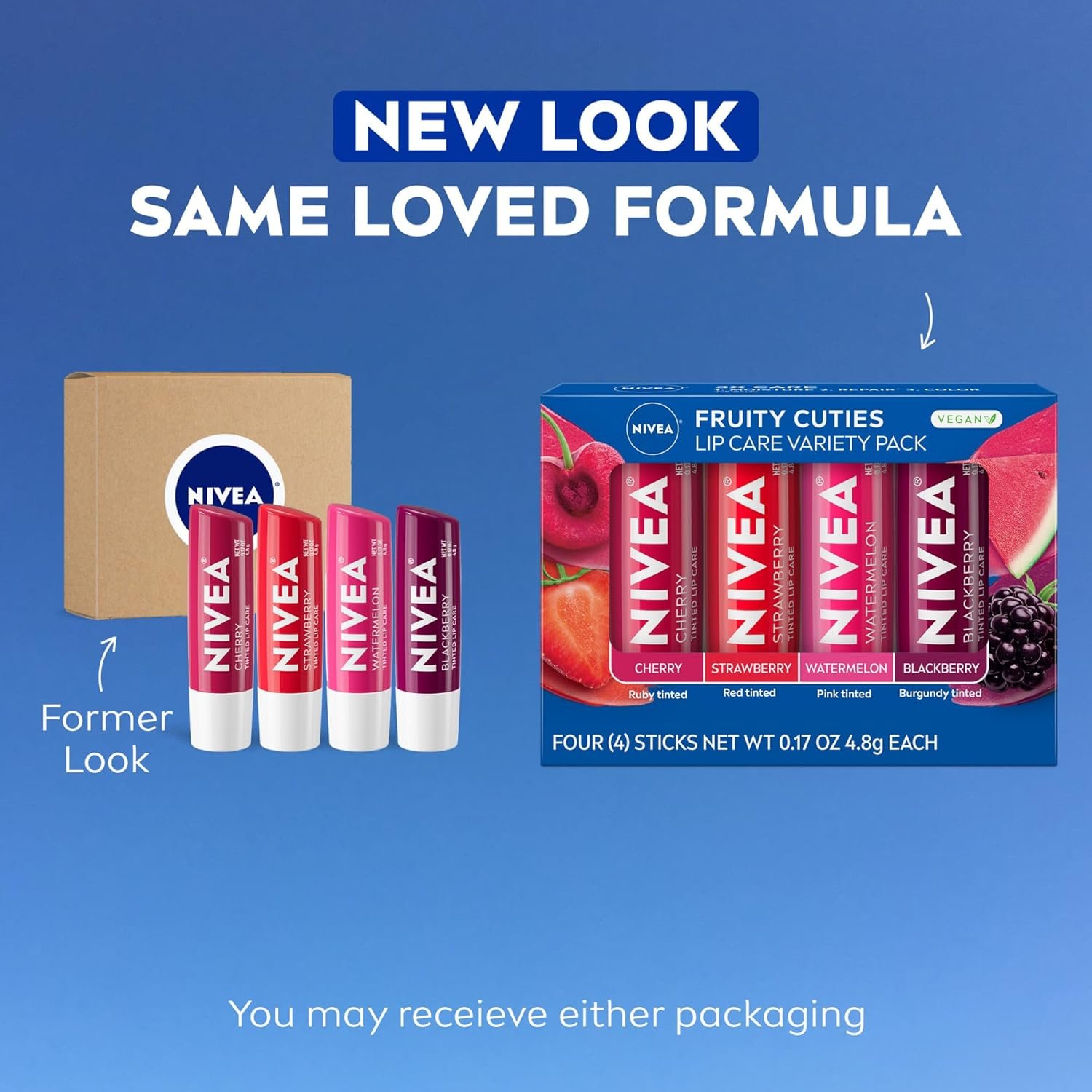 NIVEA Lip Care, Fruity Tinted Lip Balm Variety Pack, Cherry, Strawberry, Blackberry and Watermelon Flavors, 3-in-1 Moisture, Repair and Color, 0.17 Oz Stick, Pack of 4 2 NIVEA Lip Care, Fruity Tinted Lip Balm Variety Pack, Cherry, Strawberry, Blackberry and Watermelon Flavors, 3-in-1 Moisture, Repair and Color, 0.17 Oz Stick, Pack of 4 - Image 2