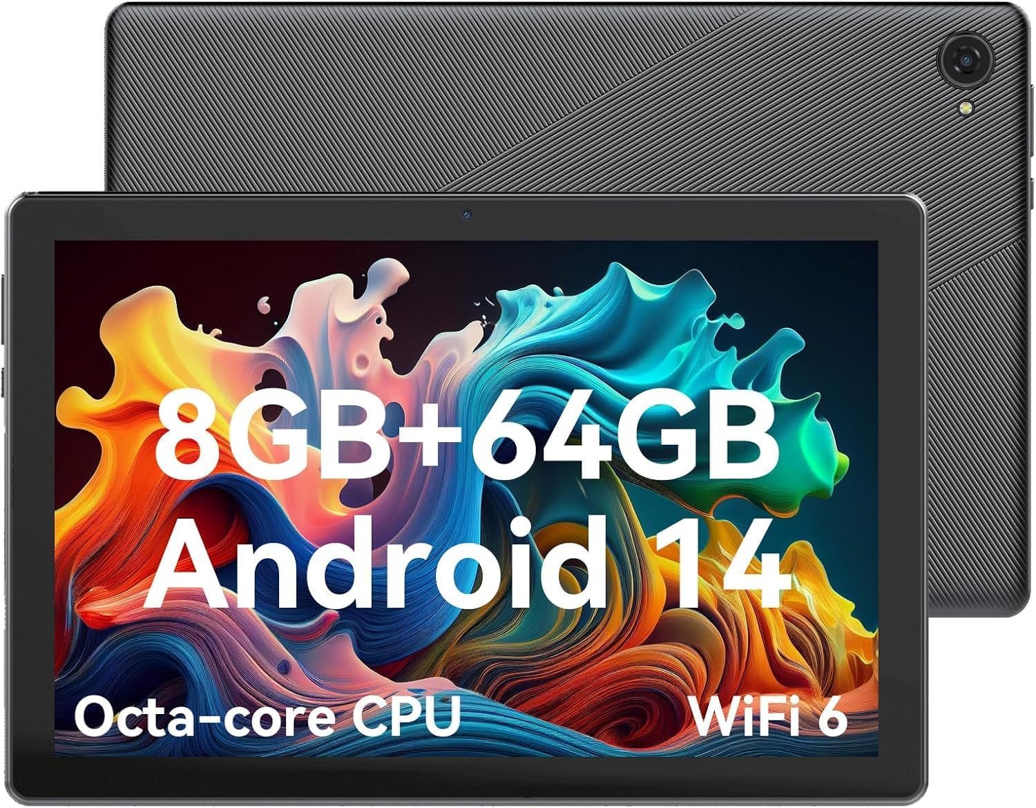 Lastest 2024 Android Tablet, 10.1 inch Tablets with 1280 * 800 IPS HD Touchscreen, Octa-Core Processor, 8GB RAM 64GB ROM, 1TB TF Card Expandable, Widevine L1, Face ID, Wi-Fi 6, Fast Charging