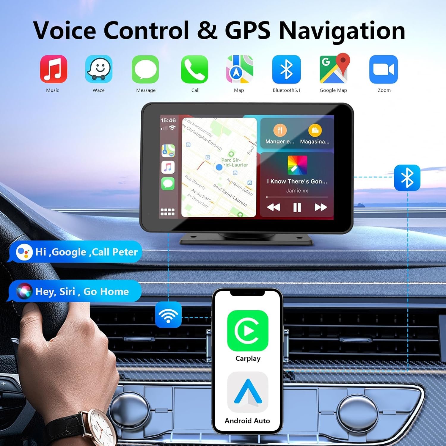 Apple Carplay Screen for Car, 7" HD Portable Car Stereo Touch Screen with Wireless Android Auto, Backup Camera, Car Audio Receivers with Voice Control, Mirror Link, Bluetooth, GPS Navigation 4 Apple Carplay Screen for Car, 7" HD Portable Car Stereo Touch Screen with Wireless Android Auto, Backup Camera, Car Audio Receivers with Voice Control, Mirror Link, Bluetooth, GPS Navigation - Image 4