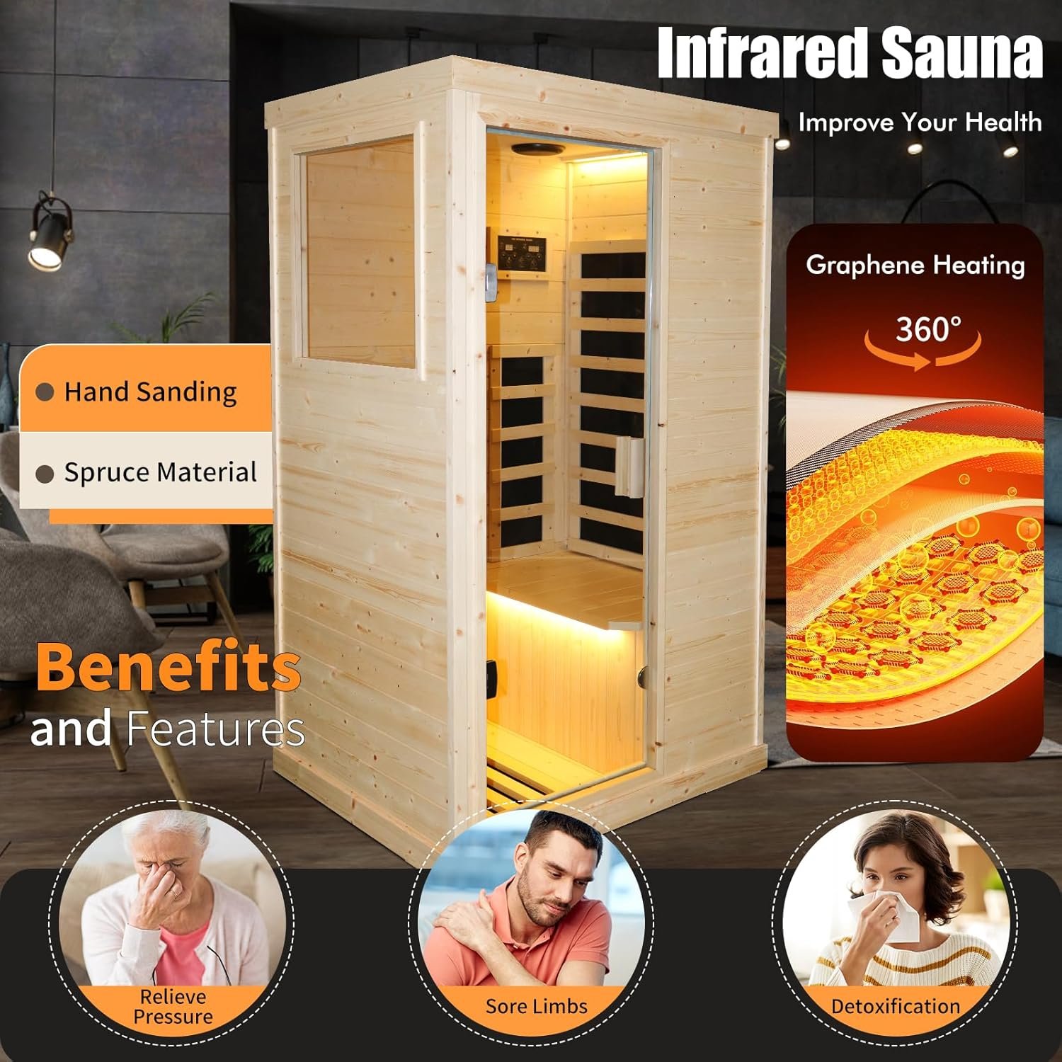 Far Infrared Wooden Sauna Room Home Sauna Spa Dry Saunas Single Person Spa Finland Spruce Wood fit for 7ft Person 2 Far Infrared Wooden Sauna Room Home Sauna Spa Dry Saunas Single Person Spa Finland Spruce Wood fit for 7ft Person - Image 2