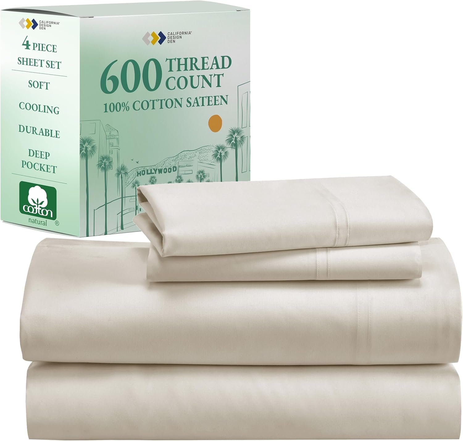 California Design Den Luxury Queen Size Sheet Set - 100% Cotton, 600 Thread Count Deep Pocket, Hotel-Quality Bedding with Sateen Weave - Ivory