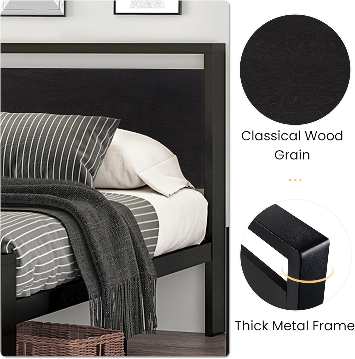 SHA CERLIN 14 Inch Full Size Metal Platform Bed Frame with Wooden Headboard and Footboard, Mattress Foundation, No Box Spring Needed, Large Under Bed Storage, Non-Slip Without Noise, Black Oak 5 SHA CERLIN 14 Inch Full Size Metal Platform Bed Frame with Wooden Headboard and Footboard, Mattress Foundation, No Box Spring Needed, Large Under Bed Storage, Non-Slip Without Noise, Black Oak - Image 5