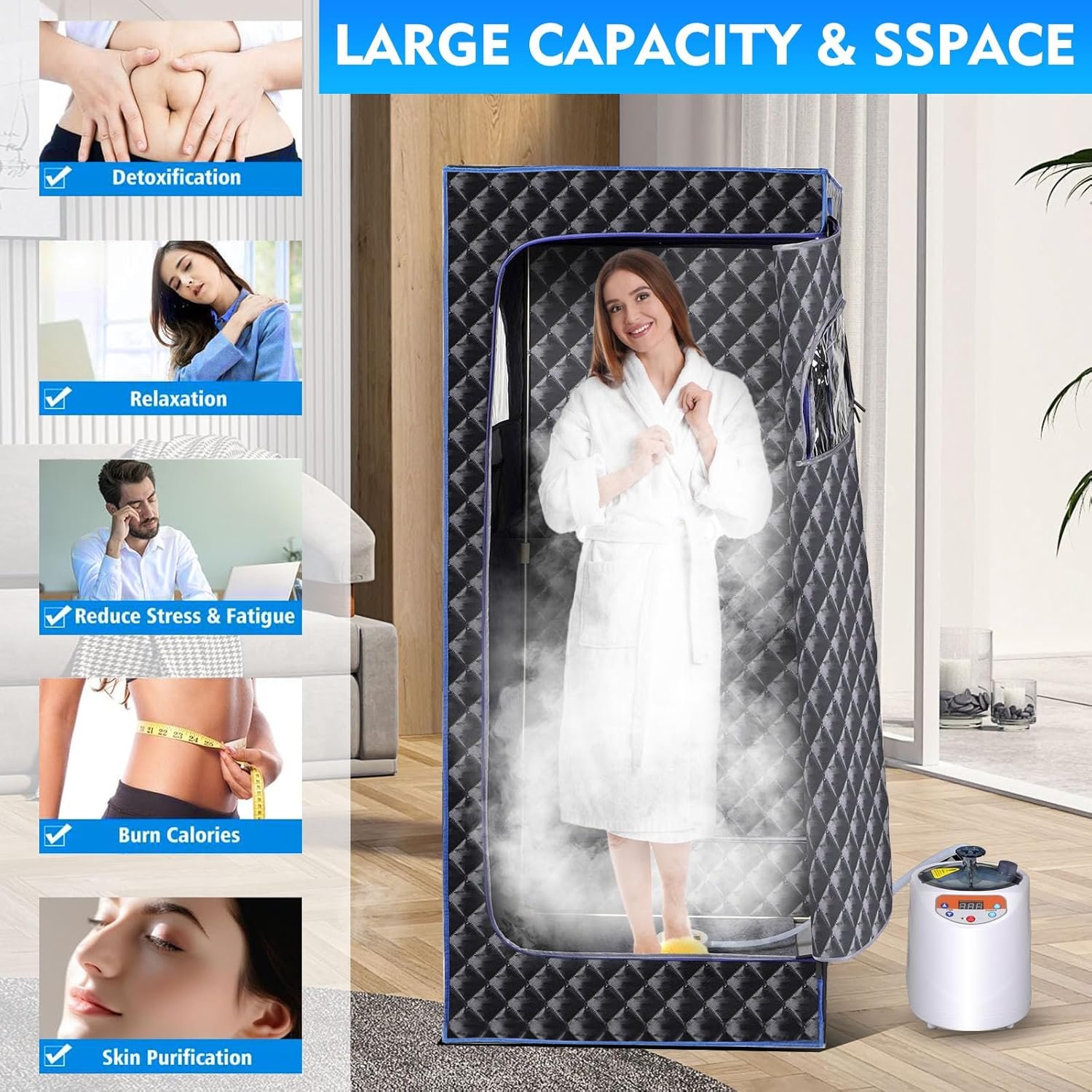 Portable Sauna Box,Steam Sauna Tent for Home Spa,Large Space Personal Home Sauna Tent Full Body with 3 L 1100 w Steamer,Chair,Foot Massager,Remote Control Included (Black) 2 Portable Sauna Box,Steam Sauna Tent for Home Spa,Large Space Personal Home Sauna Tent Full Body with 3 L 1100 w Steamer,Chair,Foot Massager,Remote Control Included (Black) - Image 2