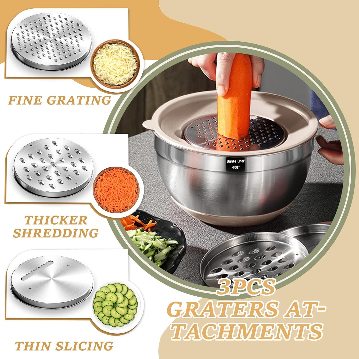 Mixing Bowls with Airtight Lids Set, 26PCS Stainless Steel Khaki Bowls with Grater Attachments, Non-Slip Bottoms & Kitchen Gadgets Set, Size 7, 4, 2.5, 2.0,1.5, 1QT, Great for Mixing & Serving 3 Mixing Bowls with Airtight Lids Set, 26PCS Stainless Steel Khaki Bowls with Grater Attachments, Non-Slip Bottoms & Kitchen Gadgets Set, Size 7, 4, 2.5, 2.0,1.5, 1QT, Great for Mixing & Serving - Image 3