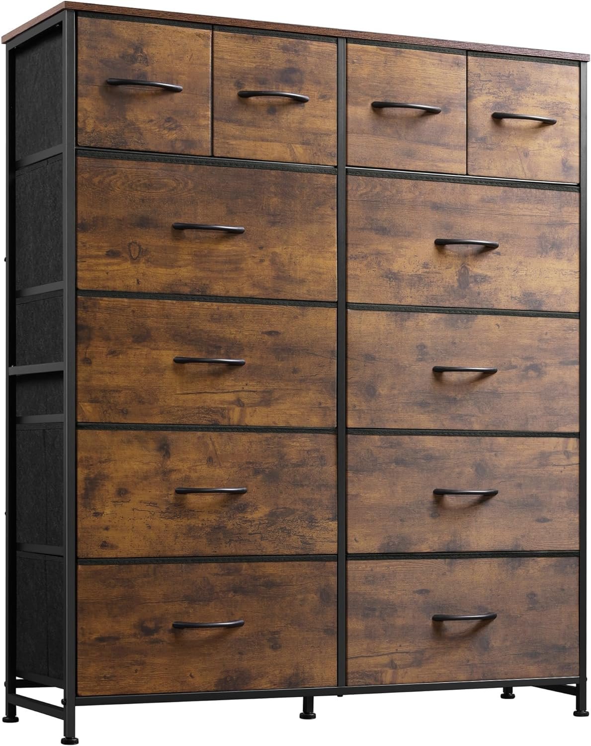 WLIVE Tall Dresser for Bedroom with 12 Drawers, Chests of Drawers, Fabric Dresser for Bedroom, Closet, Fabric Storage Dresser with Drawers, Steel Frame, Rustic Brown Wood Grain Print
