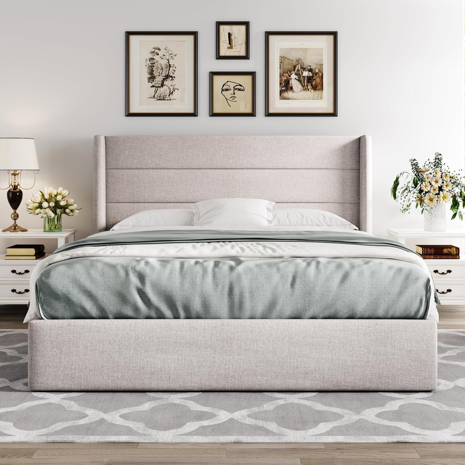 Allewie Queen Size Lift Up Storage Bed, Modern Wingback Headboard, Hydraulic Support, No Box Spring Needed, Light Beige 7 Allewie Queen Size Lift Up Storage Bed, Modern Wingback Headboard, Hydraulic Support, No Box Spring Needed, Light Beige - Image 7