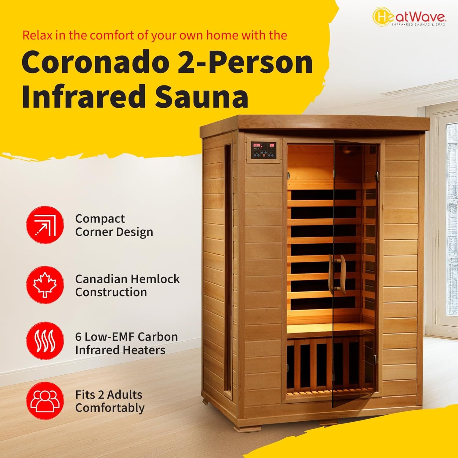 HEATWAVE Radiant Saunas 2-Person Hemlock Infrared Sauna with 6 Carbon Heaters, Chromotherapy Lighting, Oxygen Ionizer 2 HEATWAVE Radiant Saunas 2-Person Hemlock Infrared Sauna with 6 Carbon Heaters, Chromotherapy Lighting, Oxygen Ionizer - Image 2