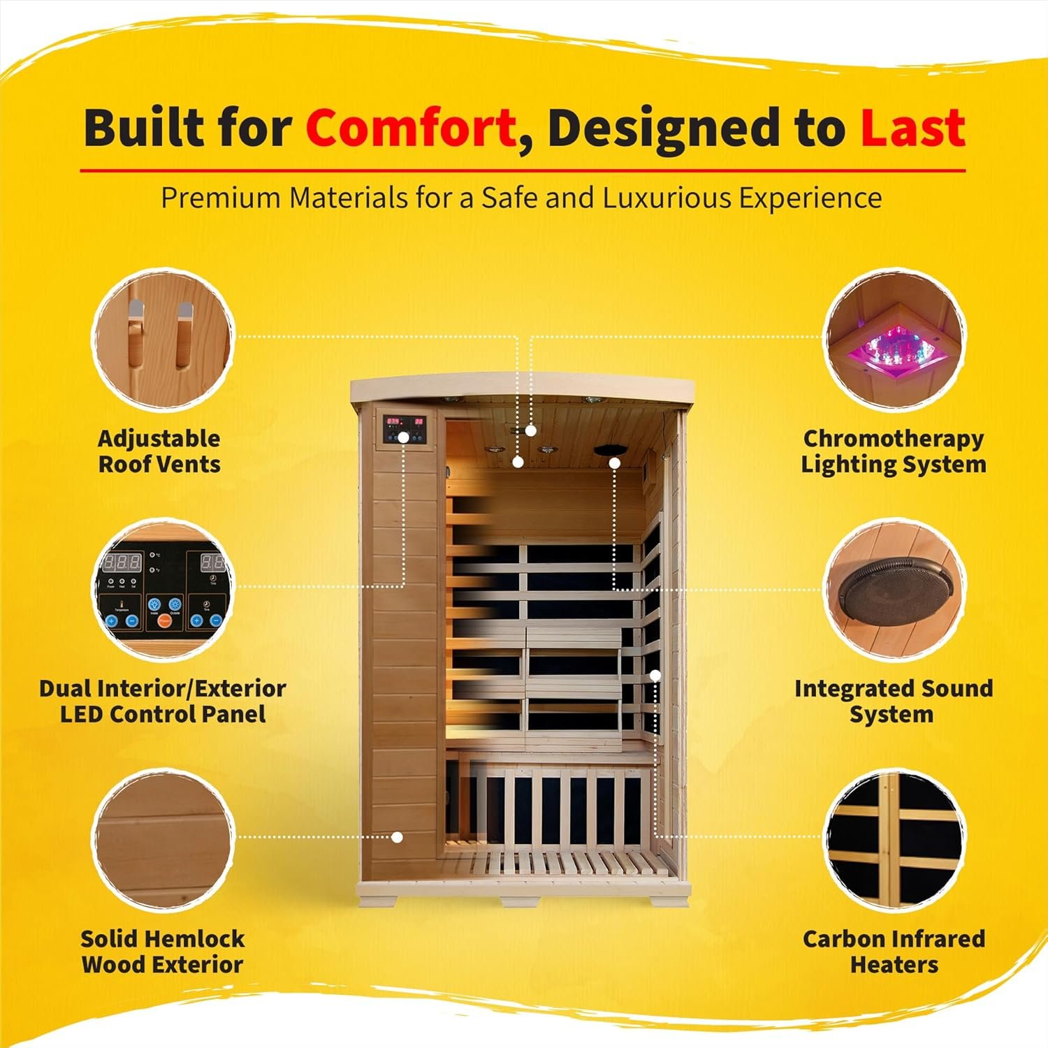 HEATWAVE Radiant Saunas 2-Person Hemlock Infrared Sauna with 6 Carbon Heaters, Chromotherapy Lighting, Oxygen Ionizer 3 HEATWAVE Radiant Saunas 2-Person Hemlock Infrared Sauna with 6 Carbon Heaters, Chromotherapy Lighting, Oxygen Ionizer - Image 3