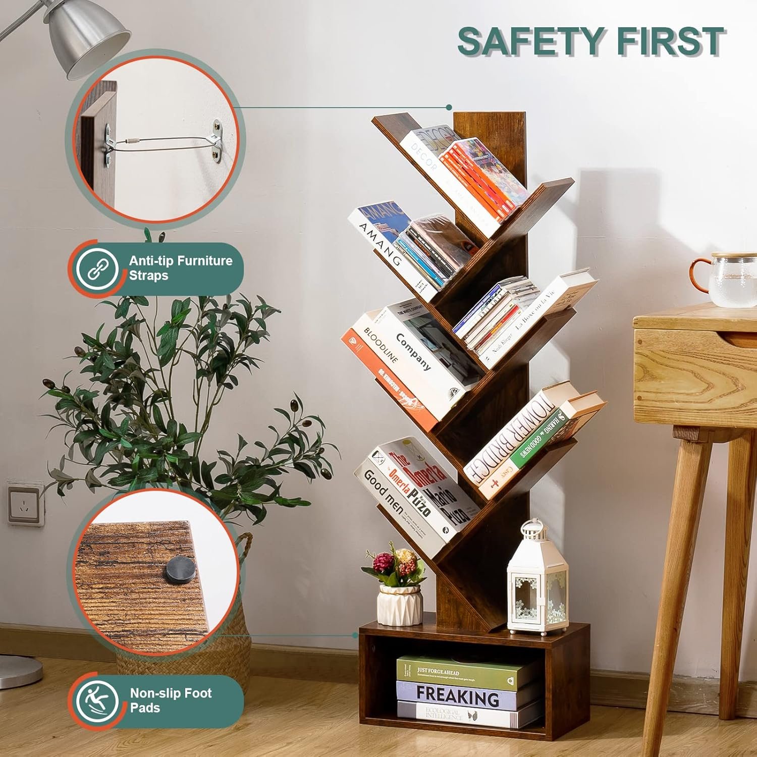 Yoobure Tree Bookshelf - 6 Shelf Retro Floor Standing Bookcase, Tall Wood Book Storage Rack for CDs/Movies/Books, Utility Book Organizer Shelves for Bedroom, Living Room, Home Office 5 Yoobure Tree Bookshelf - 6 Shelf Retro Floor Standing Bookcase, Tall Wood Book Storage Rack for CDs/Movies/Books, Utility Book Organizer Shelves for Bedroom, Living Room, Home Office - Image 5