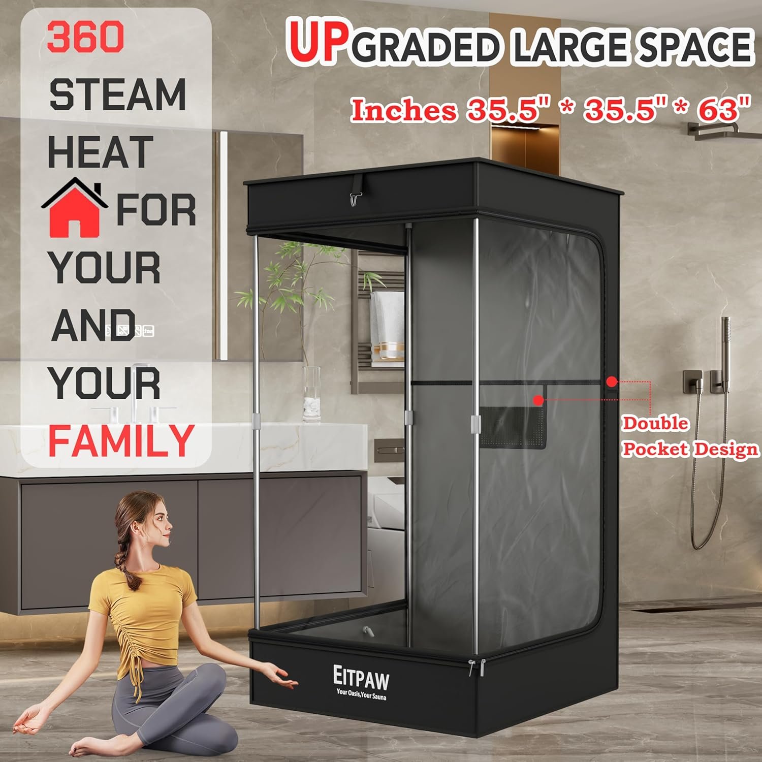Eitpaw Sauna Box, Transparent Steam Sauna for Home Personal Use, RGB LED Light, 2.6L & 1000W Steamer, Widen Foldable Chair, 2.95’ x 2.95’ x 5.25’, Transparent Black 4 Eitpaw Sauna Box, Transparent Steam Sauna for Home Personal Use, RGB LED Light, 2.6L & 1000W Steamer, Widen Foldable Chair, 2.95’ x 2.95’ x 5.25’, Transparent Black - Image 4