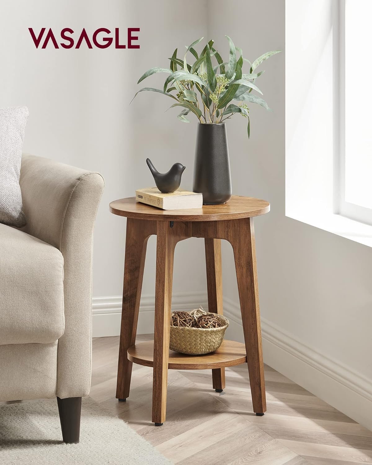 VASAGLE Side Table, Small Round End Table with Lower Shelf, Nightstand for Small Spaces, Living Room, Bedroom, Rustic Walnut ULET283T41 2 VASAGLE Side Table, Small Round End Table with Lower Shelf, Nightstand for Small Spaces, Living Room, Bedroom, Rustic Walnut ULET283T41 - Image 2