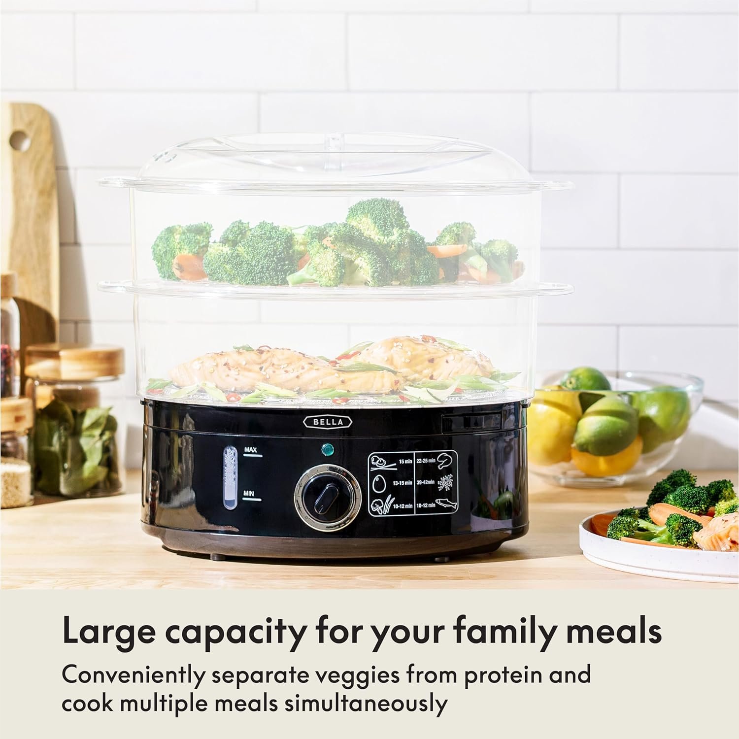BELLA Two Tier Food Steamer with Dishwasher Safe Lids and Stackable Baskets & Removable Base for Fast Simultaneous Cooking - Auto Shutoff & Boil Dry Protection, Stainless Steel, 7.4 QT, Black 2 BELLA Two Tier Food Steamer with Dishwasher Safe Lids and Stackable Baskets & Removable Base for Fast Simultaneous Cooking - Auto Shutoff & Boil Dry Protection, Stainless Steel, 7.4 QT, Black - Image 2