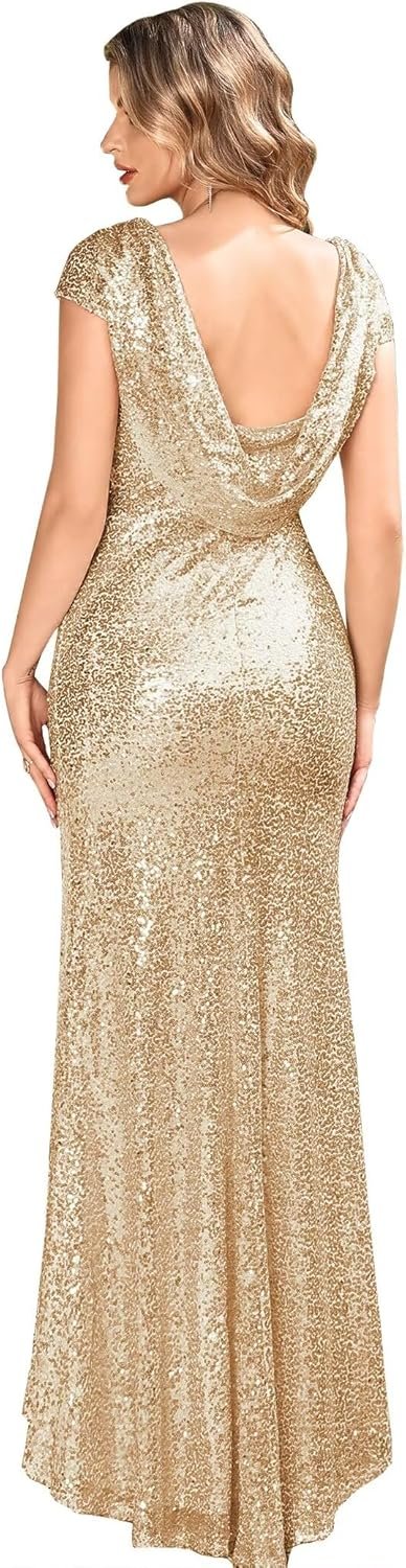MisShow Women's Sequins Prom Bridesmaid Mermaid Dress Glitter Gold Long Evening Gowns Formal Cocktail Dresses