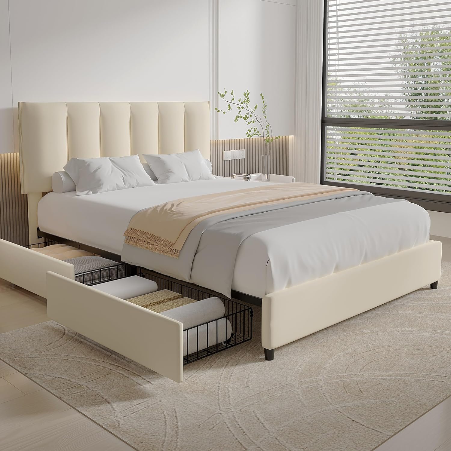 VECELO Full Size Bed Frame with 4 Storage Drawers, Adjustable Height Headboard, Heavy-Duty Platform Bedframe with Strong Wooden Slats, No Box Spring Needed, Pale Beige