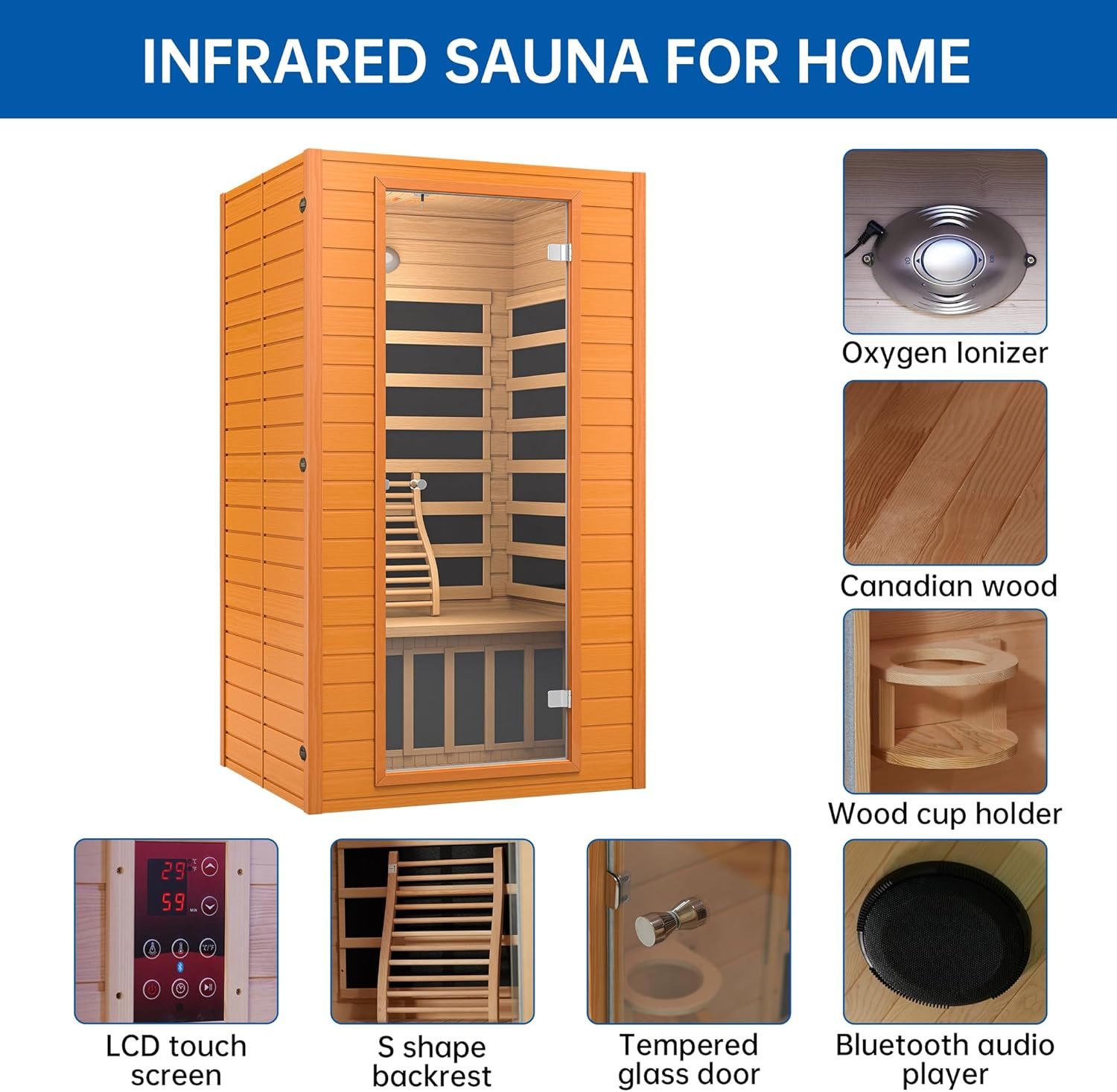 Infrared Sauna Room for Home, Near Zero EMF Wooden 1-2 Person Indoor Home Sauna with Bluetooth, LCD Control Panel, Chromo Therapy Light 7 Infrared Sauna Room for Home, Near Zero EMF Wooden 1-2 Person Indoor Home Sauna with Bluetooth, LCD Control Panel, Chromo Therapy Light - Image 7